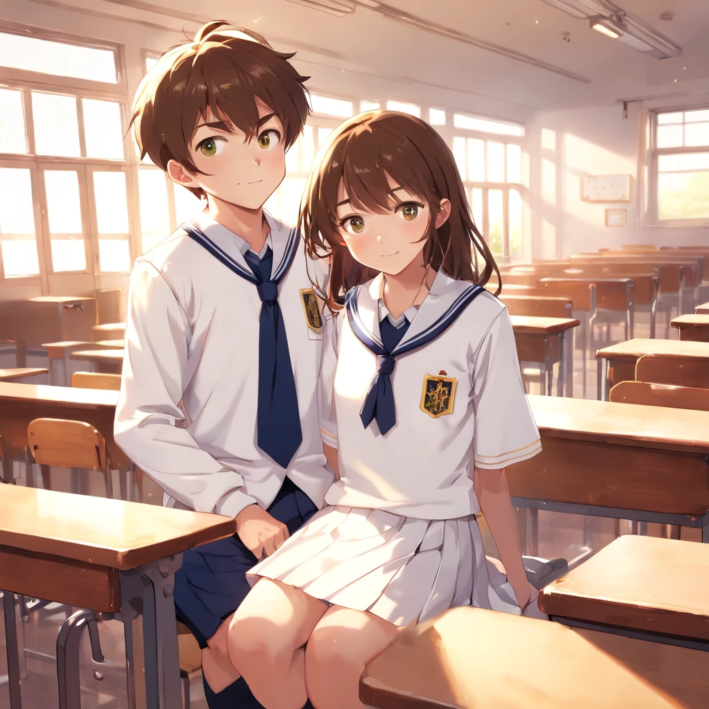 (There was a boy and a girl in a white school uniform, Masterpiece, Best quality:1.5), Super detail, Cinematic lighting, hdr, illustration,The love of youth on campus,In the classroom at sunset , Highly detailed, High contrast, Golden ratio composition, epic view, Masterpiece,style of anime,Cartoon