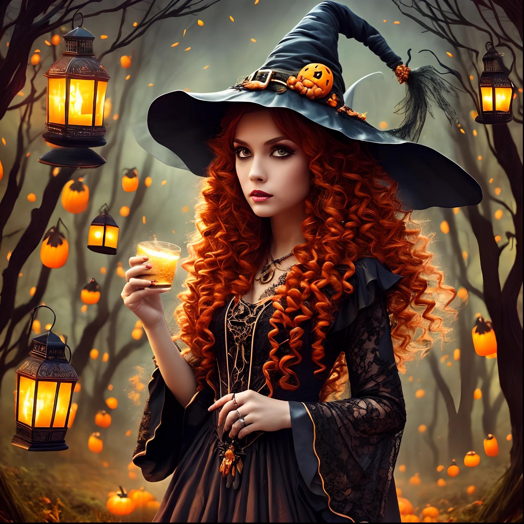 Fashionable cute witch, witch hat, red creative witch clothes, curly hair, helloween-themed pumkins, lanterns, dark midnight, low lighting, fog, dead tree, whimsical,dark fantasy, mysterious,dreamy, vivid, creative, hyperdetailed, highres --auto --s2