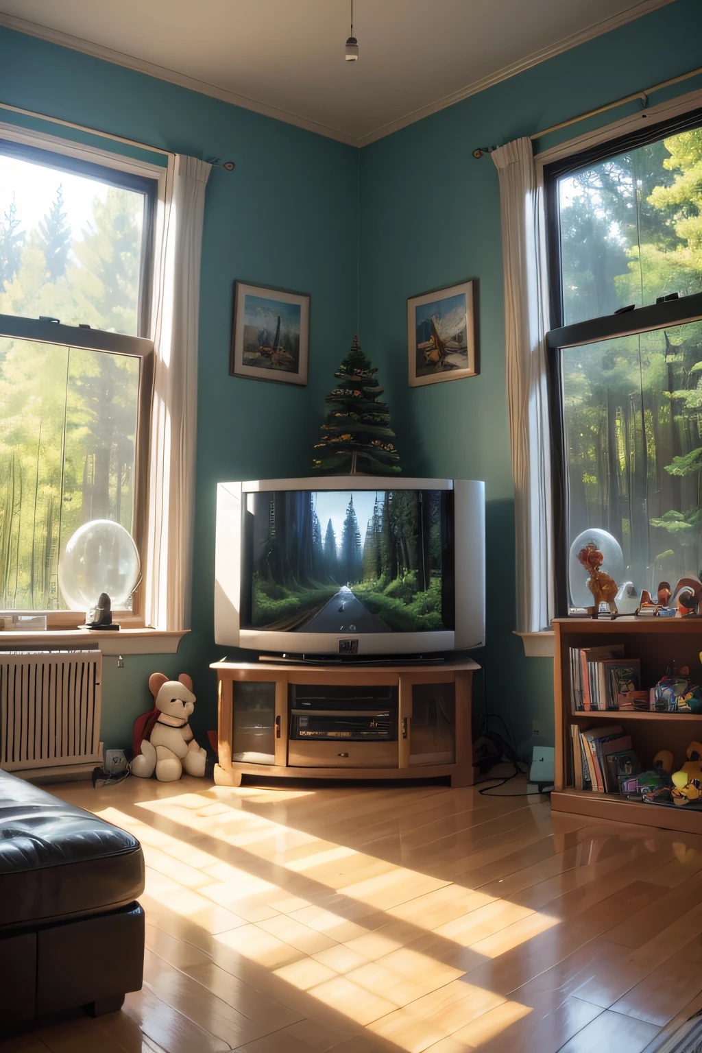 symmetrical image with television centered in the middle of the image, in a room full of toys on the floor, lots of toys on the floor, com uma janela, with a forest full of big trees and beautiful fantasy animals, and with a larger television that takes up almost the entire picture