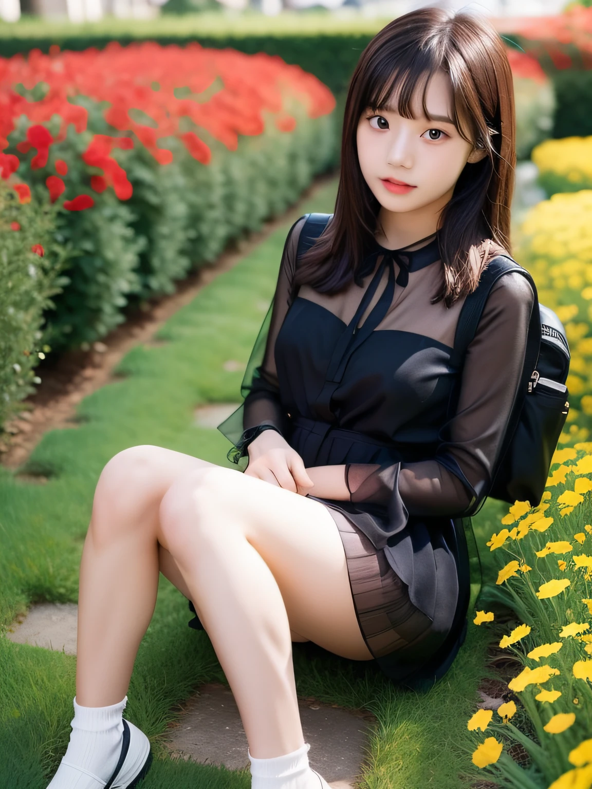 top-quality,Knees,flower field,Cobblestones in the garden,,backpack,Medium black hair,Pleated miniskirt,Black sheer blouse,(A -yeld gi
