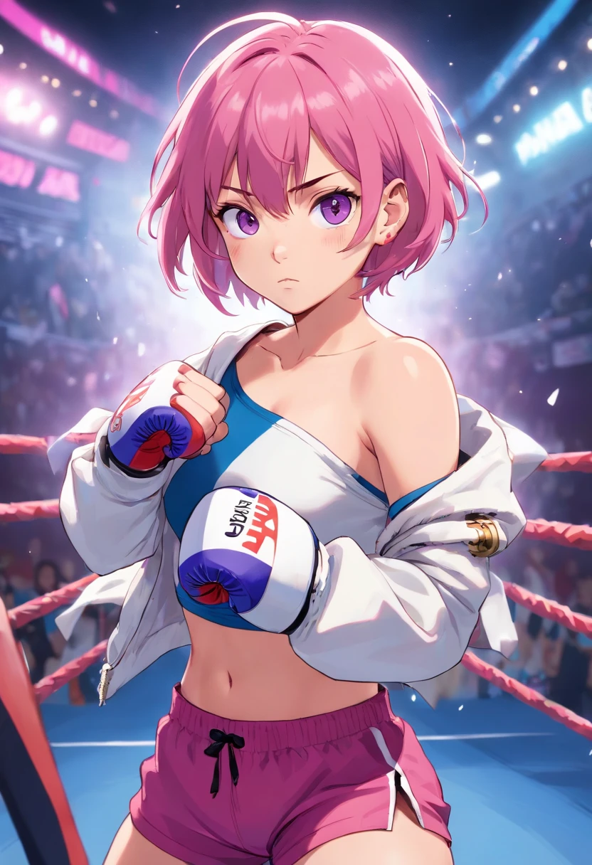 Cute girl with bikini bottom boxing in pink gloves blushes deeply