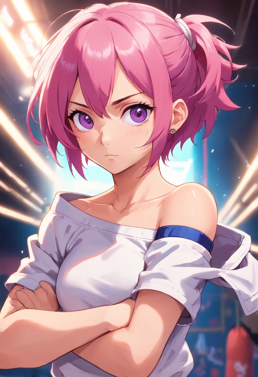 an athletic girl, flat chest, pink hair, short messy hair, purple eyes, wearing a white MMA outfit and an off-shoulder jacket, shoulders exposed, punk, tough and aggressive, boxing wraps around hands