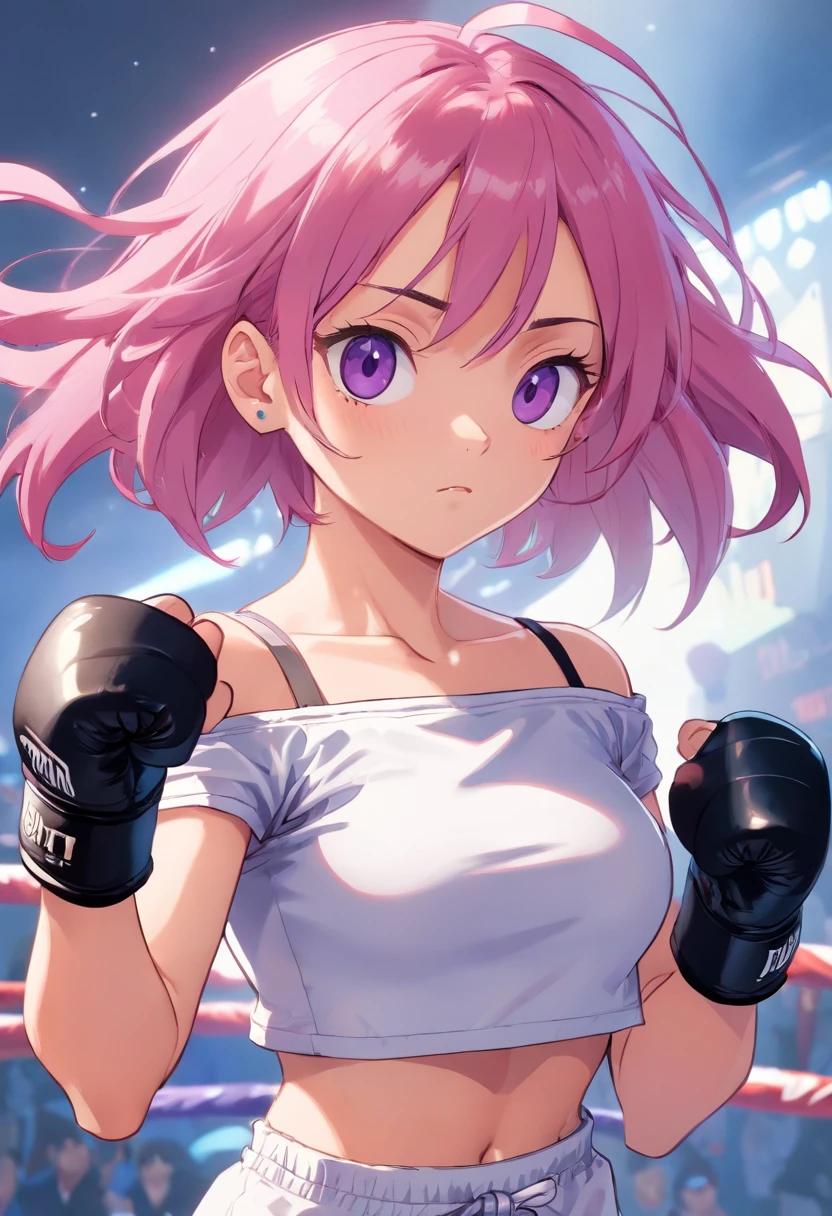 an athletic girl, flat chest, pink hair, short messy hair, purple eyes, wearing a white MMA outfit and an off-shoulder jacket, shoulders exposed, punk, tough and aggressive, boxing wraps around hands