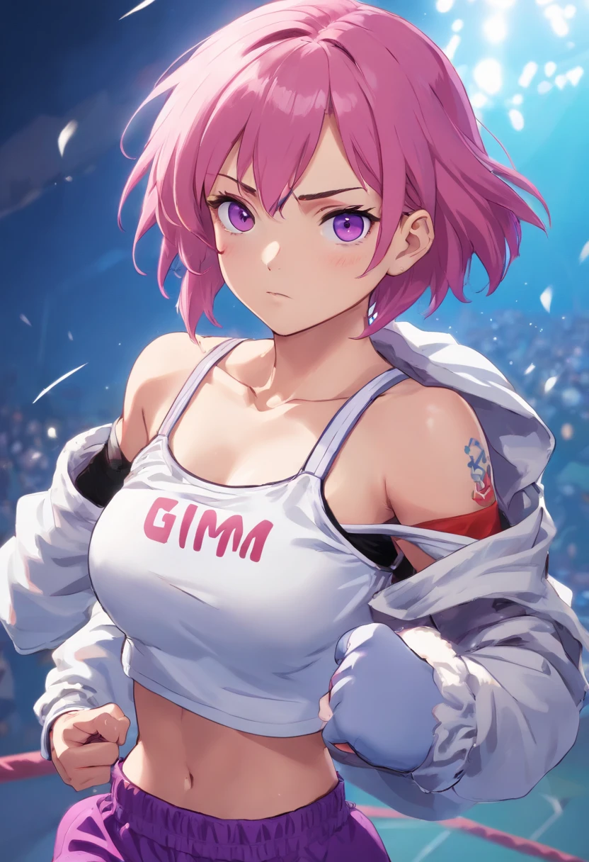 an athletic girl, flat chest, pink hair, short messy hair, purple eyes, wearing a white MMA outfit and an off-shoulder jacket, shoulders exposed, punk, tough and aggressive, boxing wraps around hands