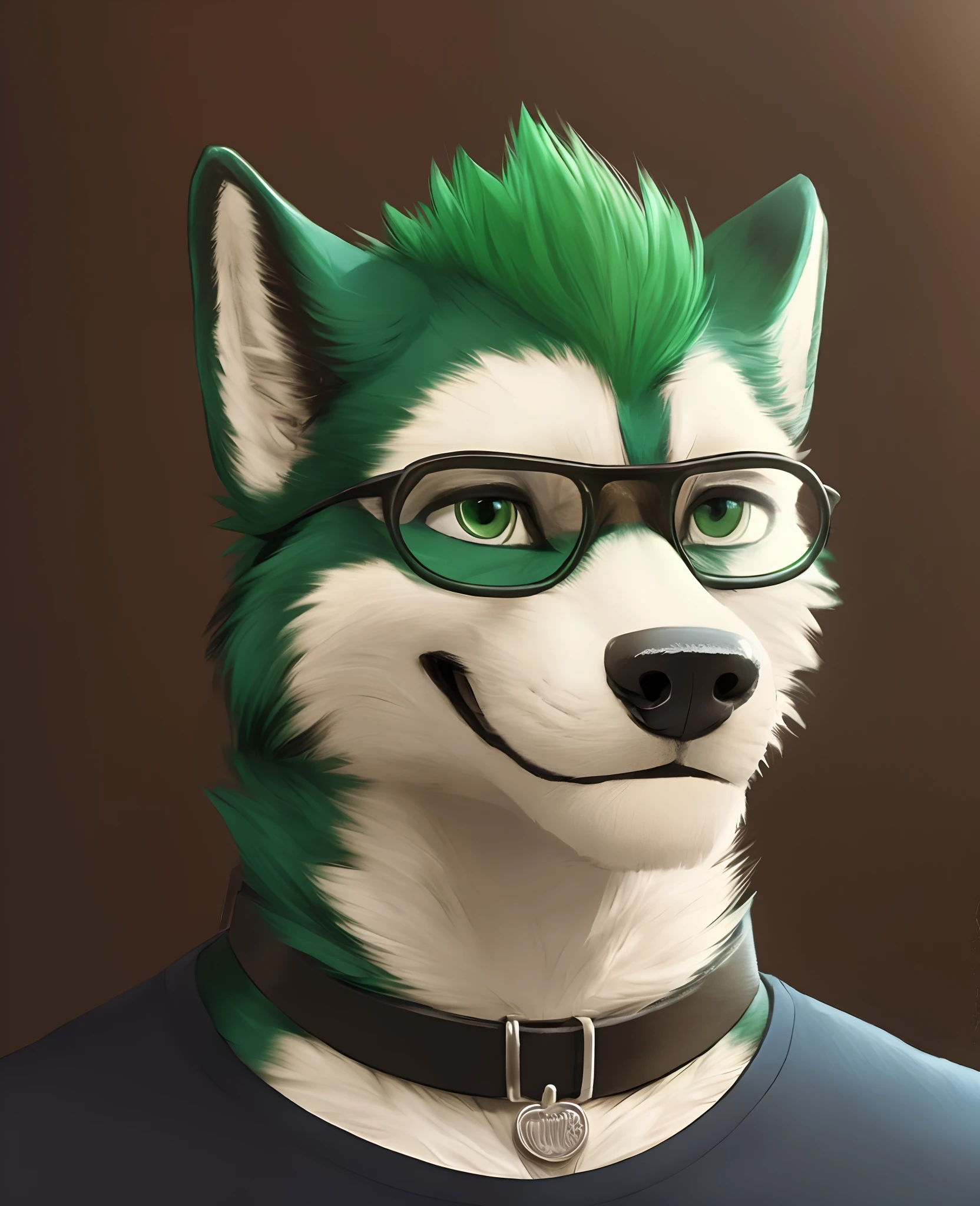 male husky, black eyebrows, wearing black t-shirt, collar, round glasses, green hair, (smile:1.1), intricate, aesthetic, 4k, photorealistic, professional art, masterpiece, intricate detail, [by pngx:sigma x:0.5]