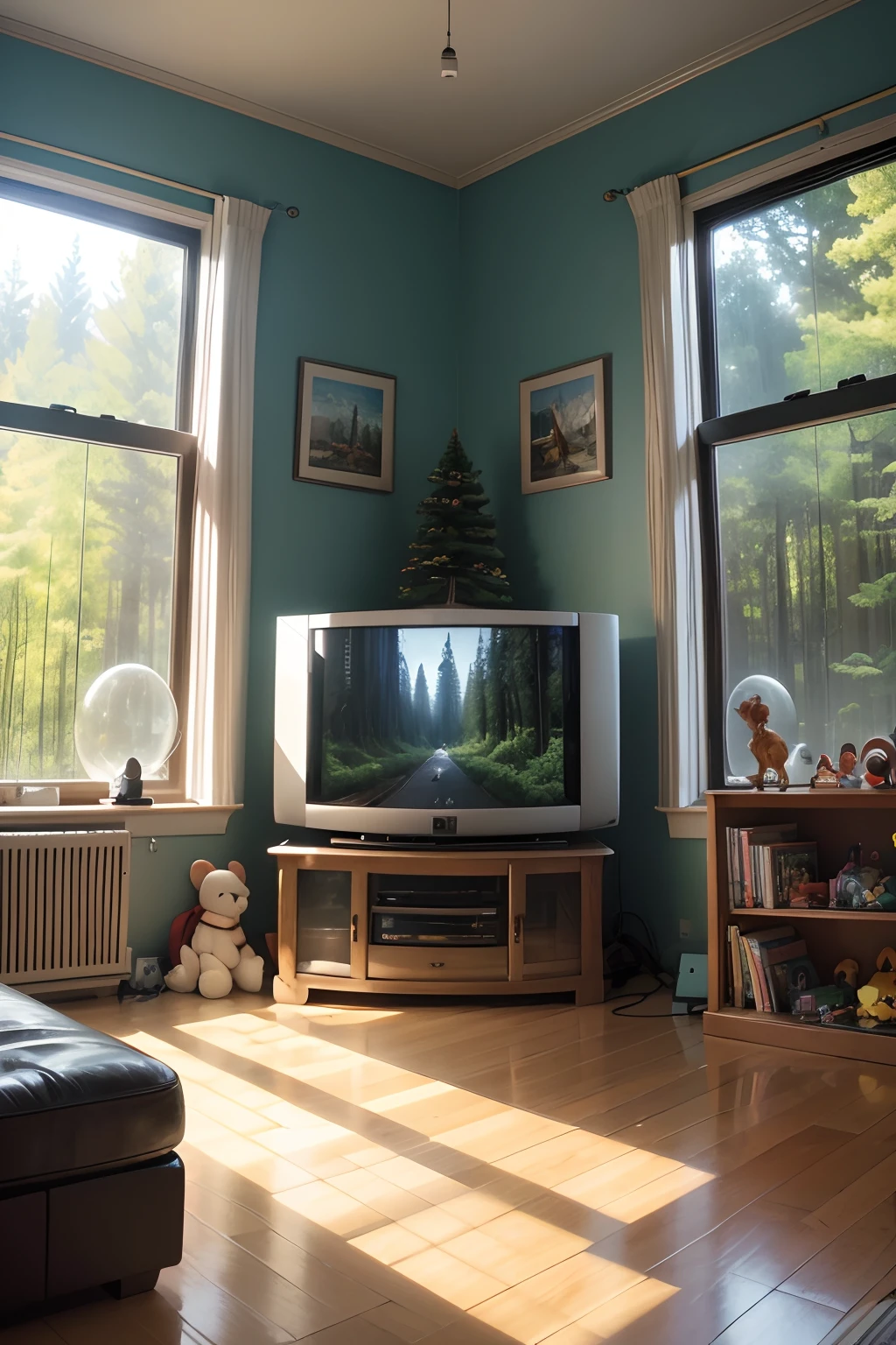 symmetrical image with television centered in the middle of the image, in a room full of toys on the floor, lots of toys on the floor, com uma janela, with a forest full of big trees and beautiful fantasy animals, and with a larger television that takes up almost the entire picture