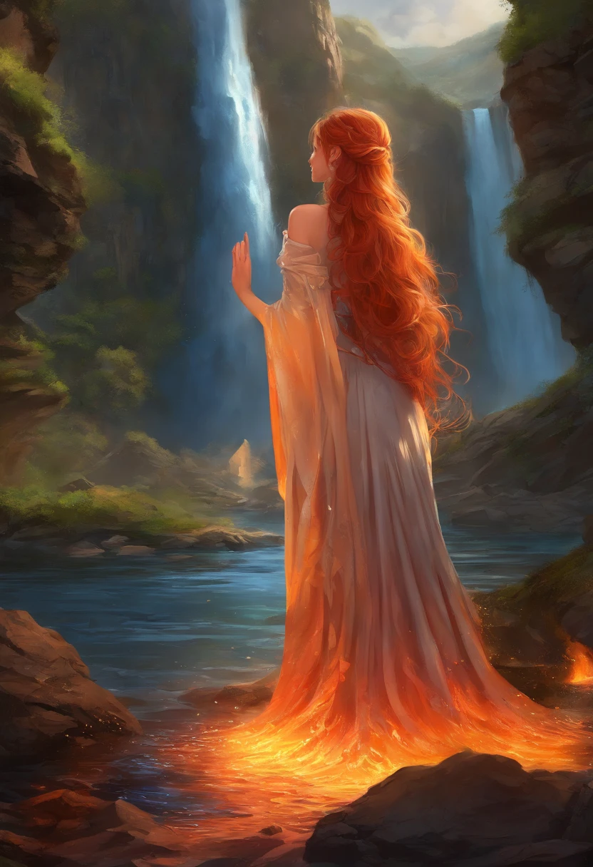 fantasy art, photorealistic, D&D art, a picture of a female monk sitting and meditating near a waterfall, at the base of the waterfall,  there is a human woman monk wearing monk garbs, meditating near a bonfire near an (epic sized waterfall: 1.3), red hair, long hair, full body (best details, Masterpiece, best quality :1.5), ultra detailed face (best details, Masterpiece, best quality :1.5), ultra feminine (best details, Masterpiece, best quality :1.5), exquisite beautiful (best details, Masterpiece, best quality :1.5) red hair, long hair, wavy hair, pale skin, blue eyes, intense eyes, water coming down from a volcanic cliff, multi level water falls, several pools created in different levels, forming new waterfalls, water cascading into a (large lava pool: 1.3) steam rising, clear water in many hues of blue and azure falling, ultra best realistic, best details, best quality, 16k, [ultra detailed], masterpiece, best quality, (extremely detailed), ultra wide shot, photorealism, depth of field, hyper realistic painting, magv1ll