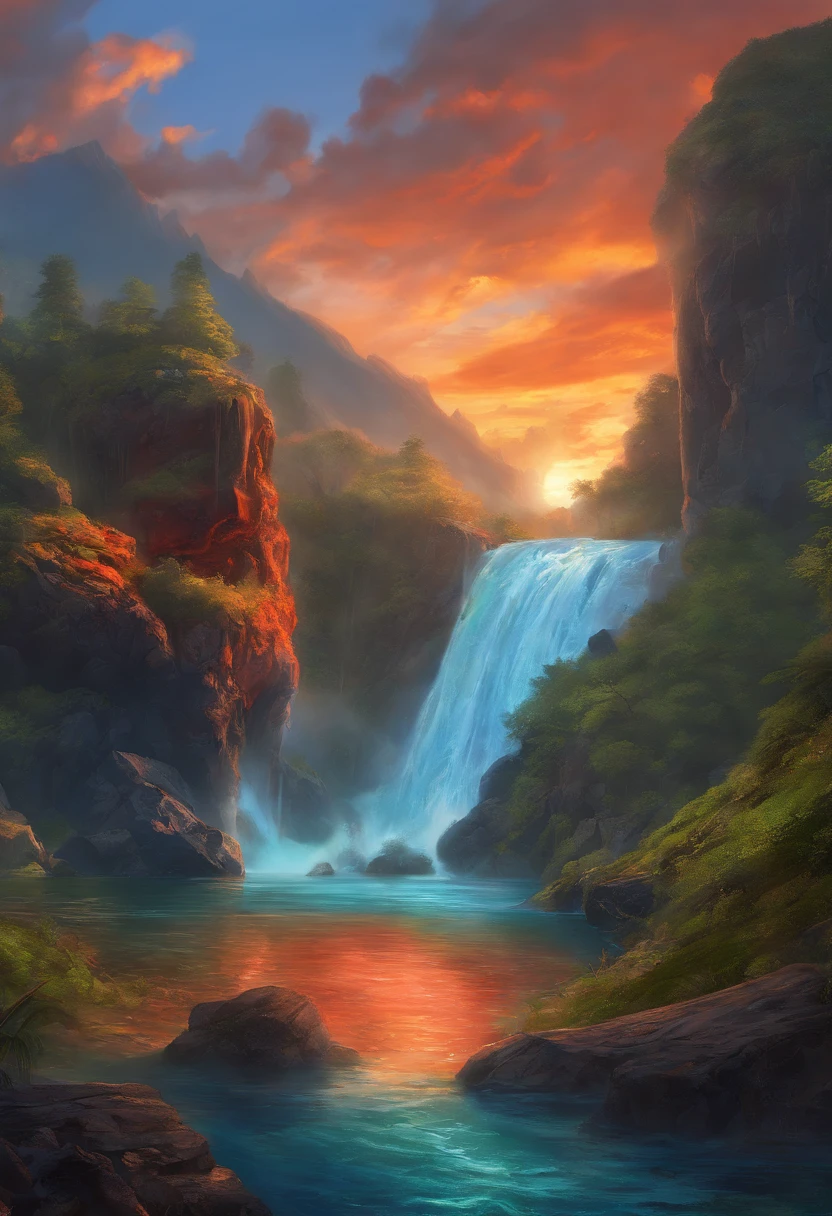 fantasy art, photorealistic, D&D art, a picture of a female monk sitting and meditating near a waterfall, at the base of the waterfall,  there is a human woman monk wearing monk garbs, meditating near a bonfire near an (epic sized waterfall: 1.3), red hair, long hair, full body (best details, Masterpiece, best quality :1.5), ultra detailed face (best details, Masterpiece, best quality :1.5), ultra feminine (best details, Masterpiece, best quality :1.5), exquisite beautiful (best details, Masterpiece, best quality :1.5) red hair, long hair, wavy hair, pale skin, blue eyes, intense eyes, water coming down from a volcanic cliff, multi level water falls, several pools created in different levels, forming new waterfalls, water cascading into a (large lava pool: 1.3) steam rising, clear water in many hues of blue and azure falling, ultra best realistic, best details, best quality, 16k, [ultra detailed], masterpiece, best quality, (extremely detailed), ultra wide shot, photorealism, depth of field, hyper realistic painting, magv1ll