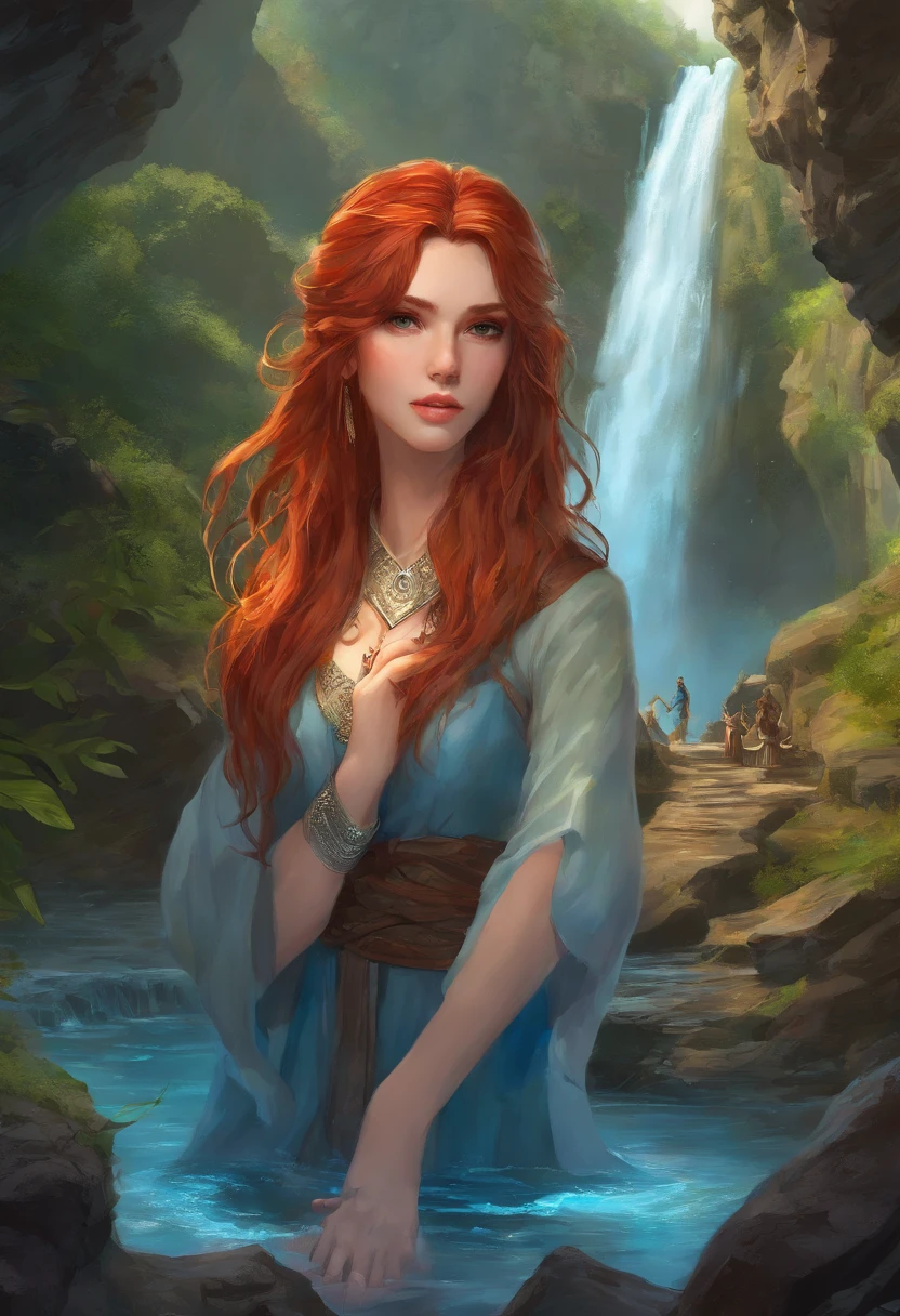 fantasy art, photorealistic, D&D art, a picture of a female monk sitting and meditating near a waterfall, at the base of the waterfall,  there is a human woman monk wearing monk garbs, meditating near a bonfire near an (epic sized waterfall: 1.3), red hair, long hair, full body (best details, Masterpiece, best quality :1.5), ultra detailed face (best details, Masterpiece, best quality :1.5), ultra feminine (best details, Masterpiece, best quality :1.5), exquisite beautiful (best details, Masterpiece, best quality :1.5) red hair, long hair, wavy hair, pale skin, blue eyes, intense eyes, water coming down from a volcanic cliff, multi level water falls, several pools created in different levels, forming new waterfalls, water cascading into a (large lava pool: 1.3) steam rising, clear water in many hues of blue and azure falling, ultra best realistic, best details, best quality, 16k, [ultra detailed], masterpiece, best quality, (extremely detailed), ultra wide shot, photorealism, depth of field, hyper realistic painting, magv1ll