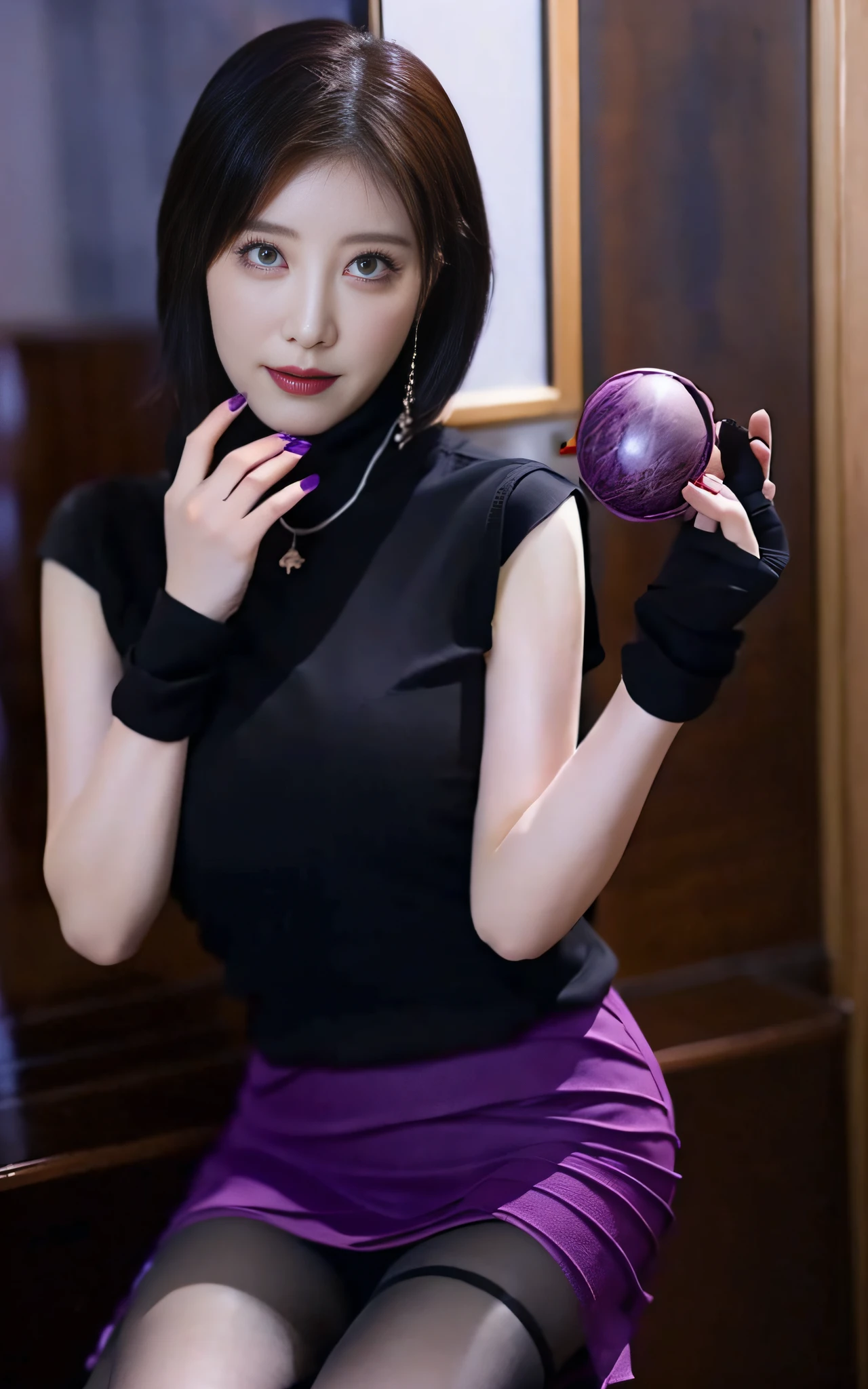 Charming Japanese style beauty、Brown hair、Evil Female Executive、Night city、Move ki、The Darkness、seductiv、Brainwashed、Retrofit equipment、Evil Fall、wicked、darkness、Purple Eyeshadow、black pantyhose、Black pleated skirt、Dark