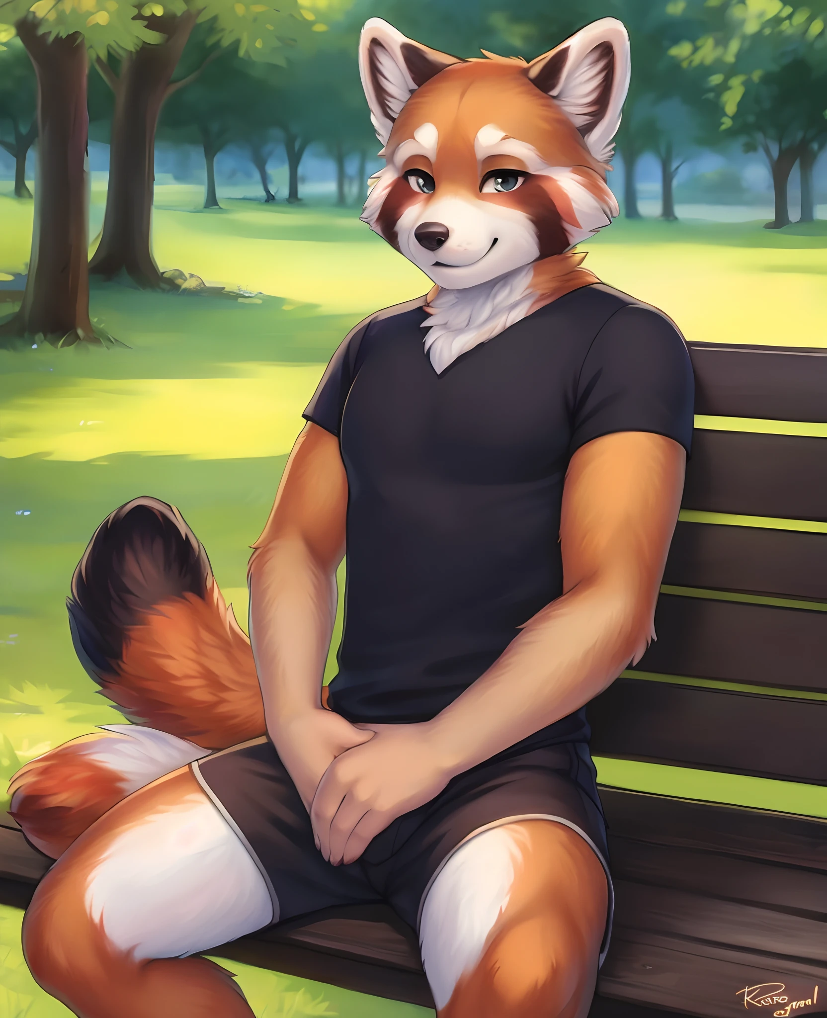 mature male, red panda, loose shorts, black t-shirt, sitting on park bench, waving at viewer, closed smile, soft shading, detailed fur, kemono, by kacey, by personalami, by kiyosan