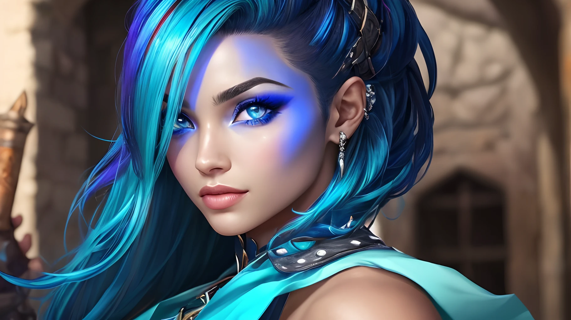 obra-prima elfica rpg, olhos detalhados, bonito, feminino, pele azul claro, orelhas grandes e finas, cabelo azul escuro curto, roupa de bruxa medieval