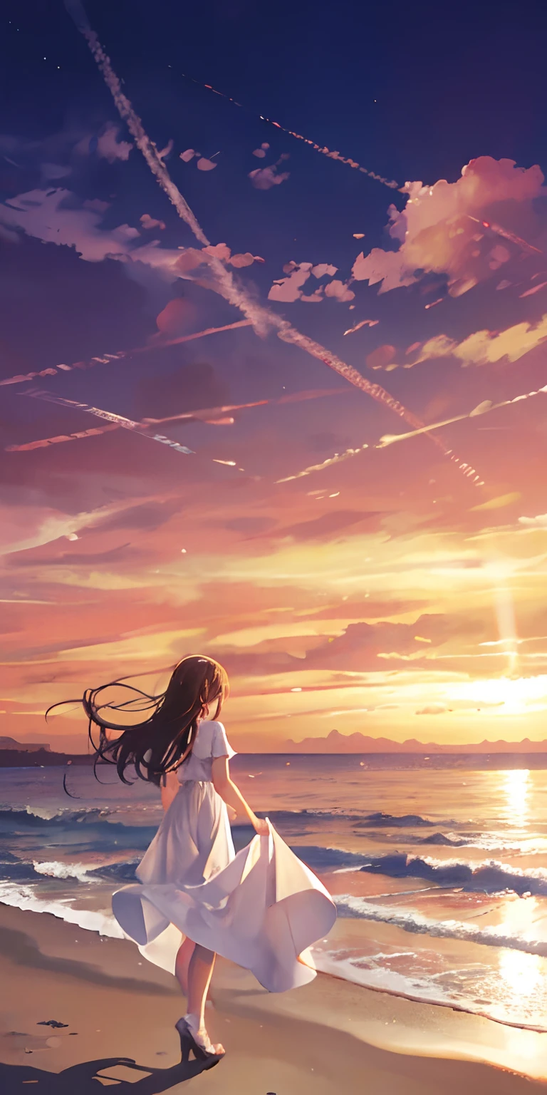 Anime girl walking on the beach at sunset - SeaArt AI