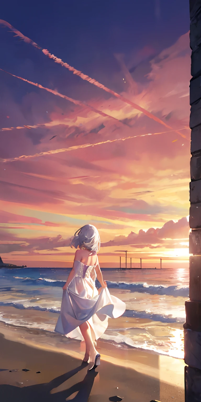 1 persons、Distant girl in tight white dress walks on medieval beach、The scenery is emphasized、The sunset is beautiful、