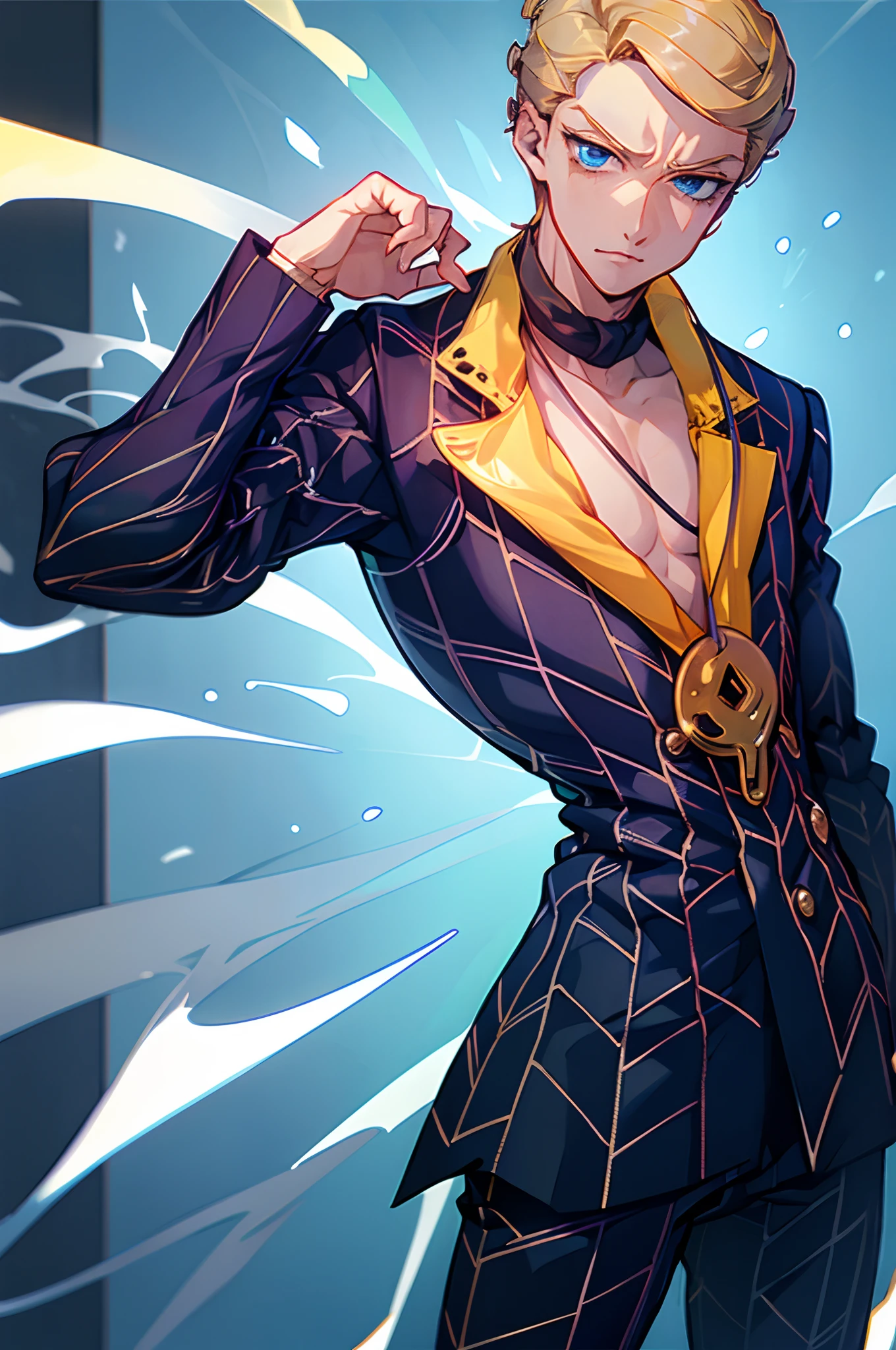 Prosciutto, solo, looking at viewer, short hair, blue eyes, blonde hair, shirt, 1boy, jewelry, closed mouth, jacket, male focus, necklace, formal, suit, magatama, pinstripe suit, cowboy shot