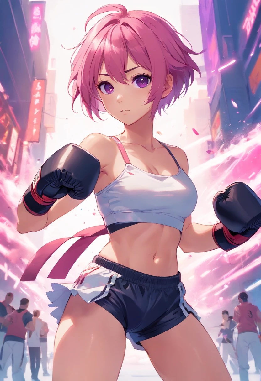 an athletic girl, flat chest, pink hair, short messy hair, purple eyes, wearing a white MMA outfit and an off-shoulder jacket, shoulders exposed, punk, tough and aggressive, boxing wraps around hands