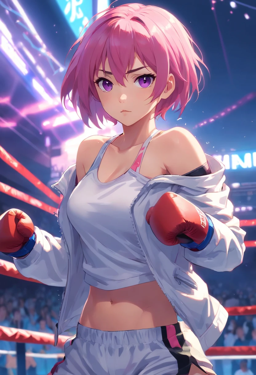 an athletic girl, flat chest, pink hair, short messy hair, purple eyes, wearing a white MMA outfit and an off-shoulder jacket, shoulders exposed, punk, tough and aggressive, boxing wraps around hands