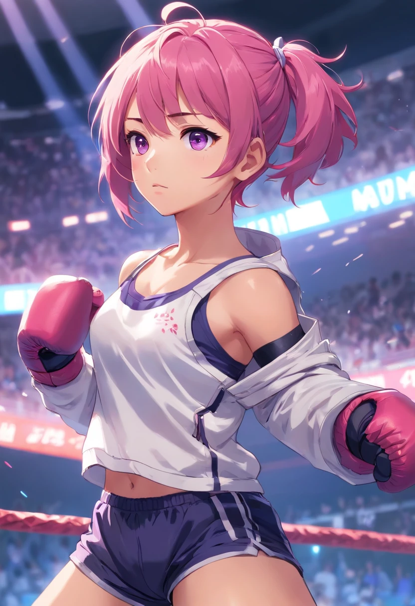 an athletic girl, flat chest, pink hair, short messy hair, purple eyes, wearing a white MMA outfit and an off-shoulder jacket, shoulders exposed, punk, tough and aggressive, boxing wraps around hands
