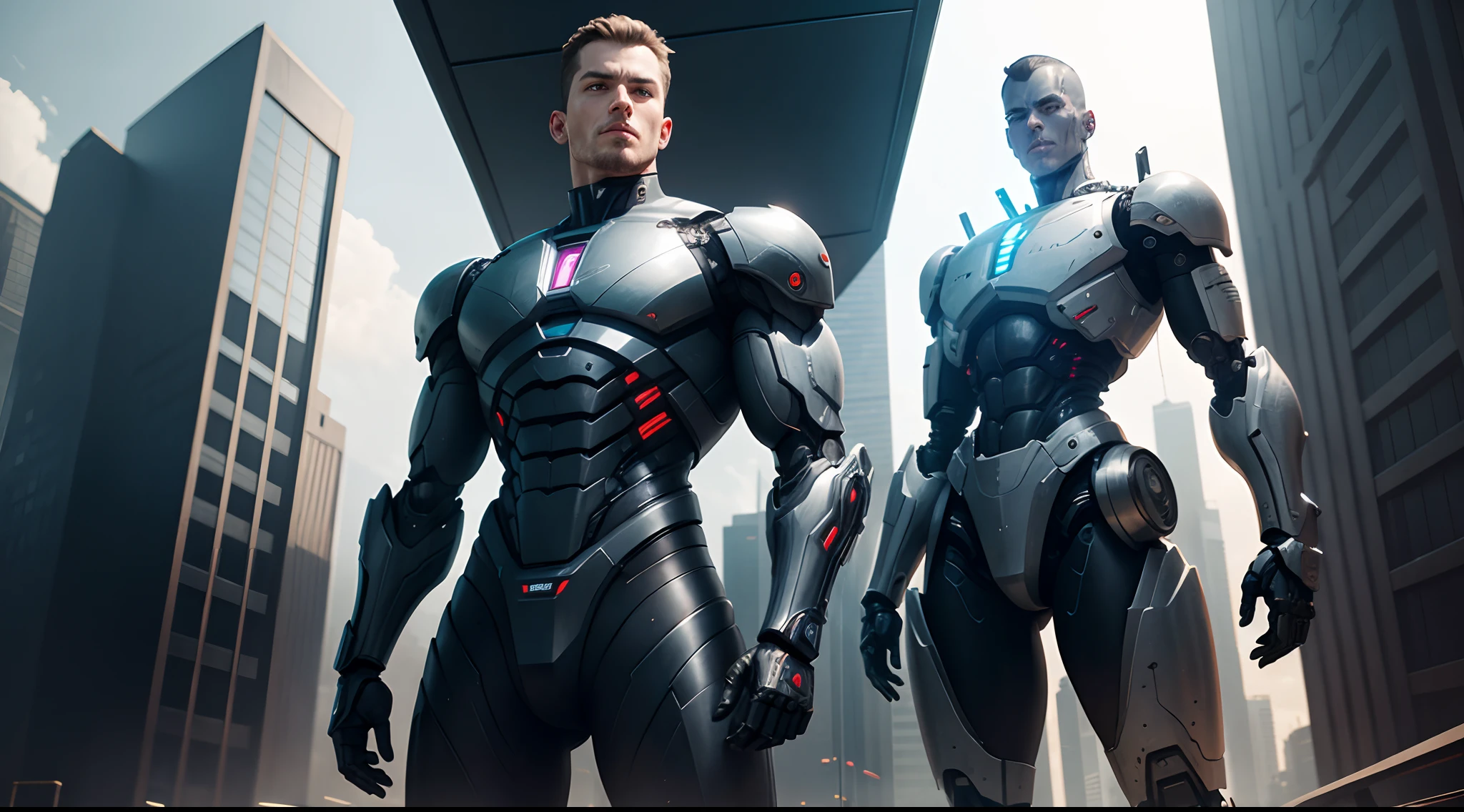 There's a creepy REALISTIC CYBORG ROBOT in a DARK costume, SHOWING FROM THE WAIST UPfrom robot next to futuristic building semelahnte to the exteminator of the future