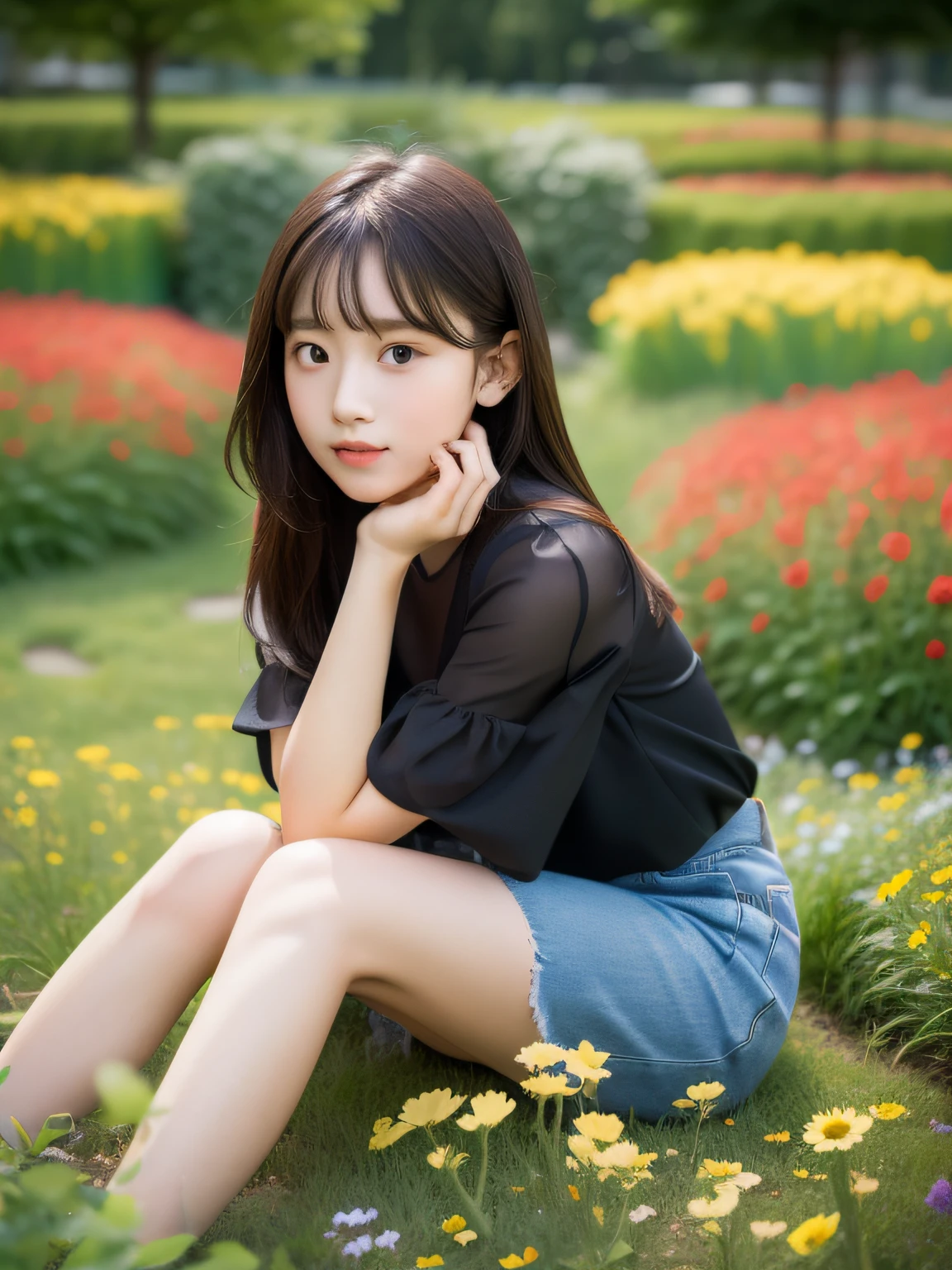 top-quality，Knees，flower  field，Cobblestones in the garden，，backpack，A dark-haired，Pleated miniskirt，Black sheer short-sleeved blouse，(A -yeld gi