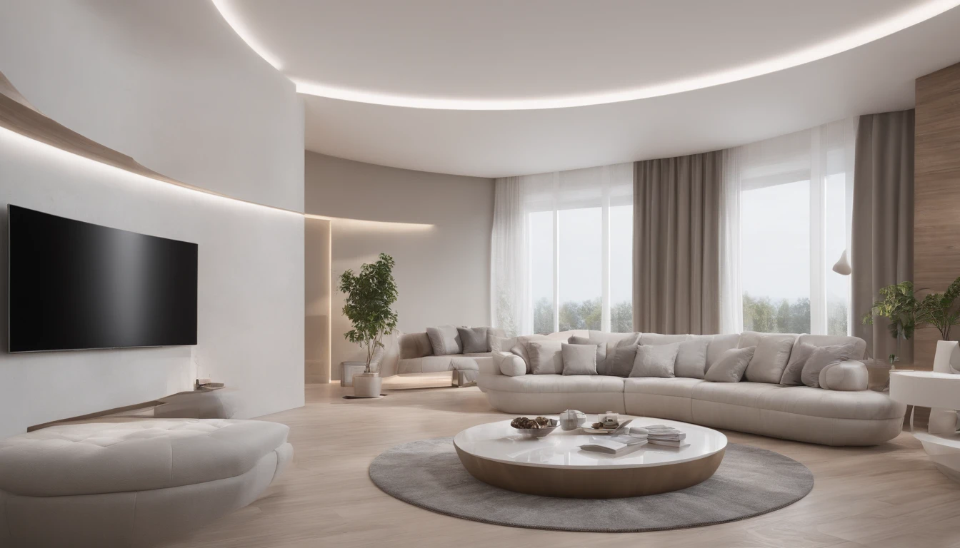 A futuristic room with furniture in modern curved shapes. The photo is in 3D and 8K, with incredible image quality. The living room is large and spacious, com paredes brancas e teto alto. The floor is light wood. The furniture is all in curved shapes, feitos de materiais modernos, como metal e vidro. The sofa is large and comfortable, com almofadas macias ao lado uma pequena mesa de apoio. The coffee table is round, com um tampo de vidro. The chair is swivel, com um assento de couro. The TV is big and flat, com uma tela de LED. The room is illuminated by LED lights, que criam um ambiente moderno e sofisticado.