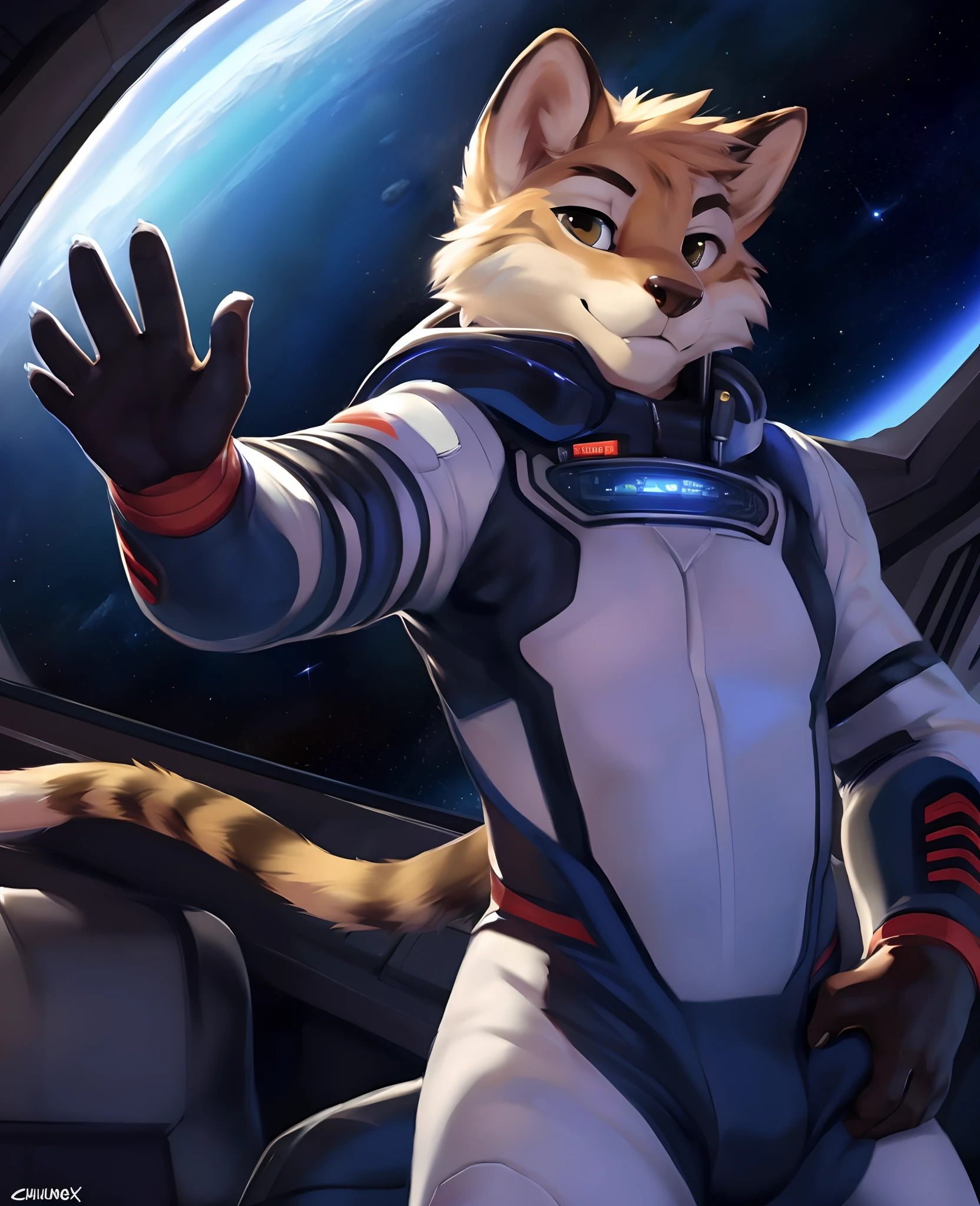 ratchet, detailed eyes, detailed face, detailed fluffy fur, athletic, stripes, male, anthro lombax, (wearing space suit:1.2), gloves, waving at viewer, in a starship, space art, depth of field, solo, detailed background, high quality, masterpiece, 8k, cinematic lighting, backlighting, sharp focus, by rakisha, by zackary911, by chunie, by meesh, by kiyosan, by sigma x, by darkgem