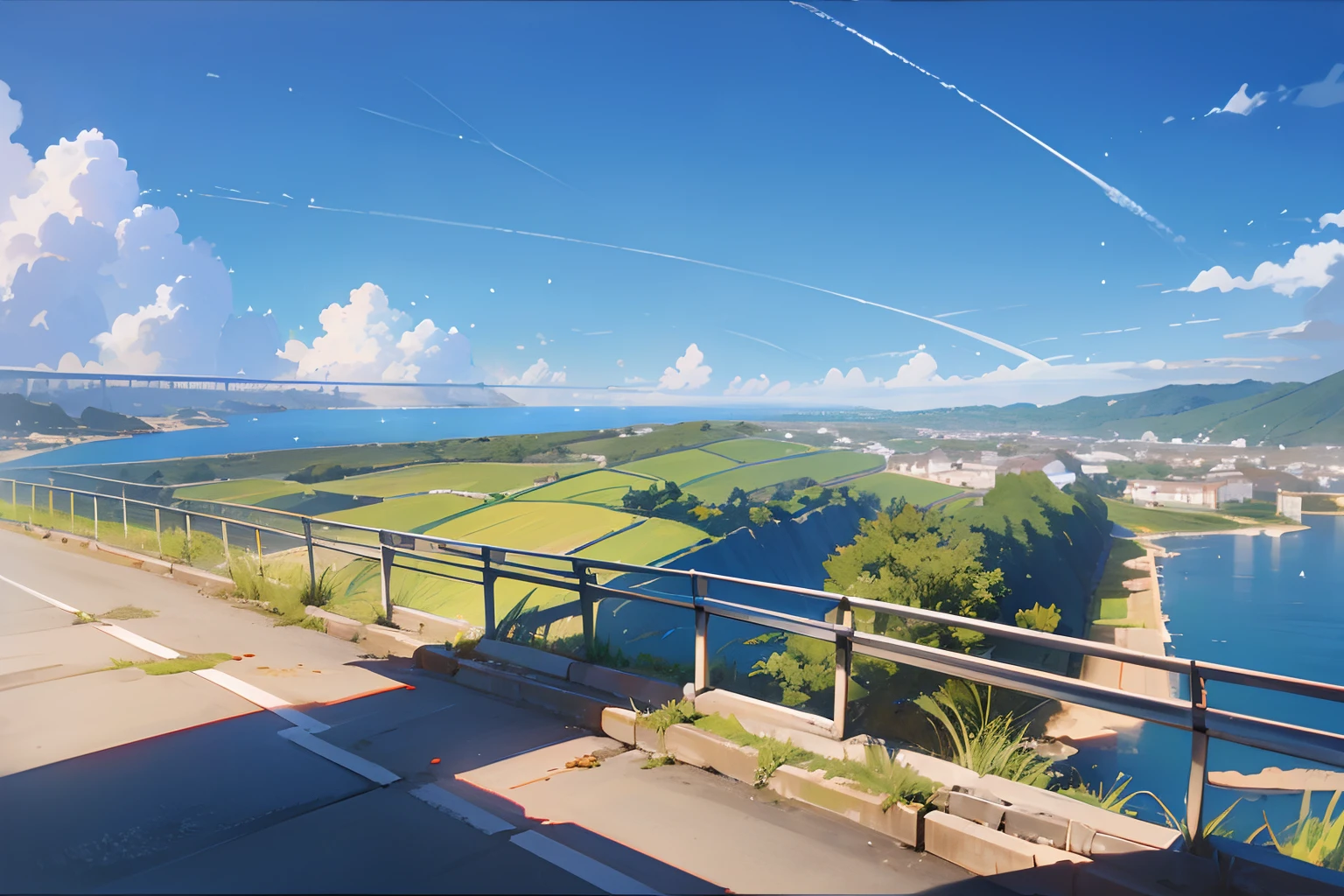 ((masutepiece)), (Professional Photography:1.2), (High Definition:1.3), Best Quality, 8K, From below, Wide Shot, Cinematic lighting, coastline, (beautiful blue sky), sparkle sky, summer day, long road, landscape, white Guardrails