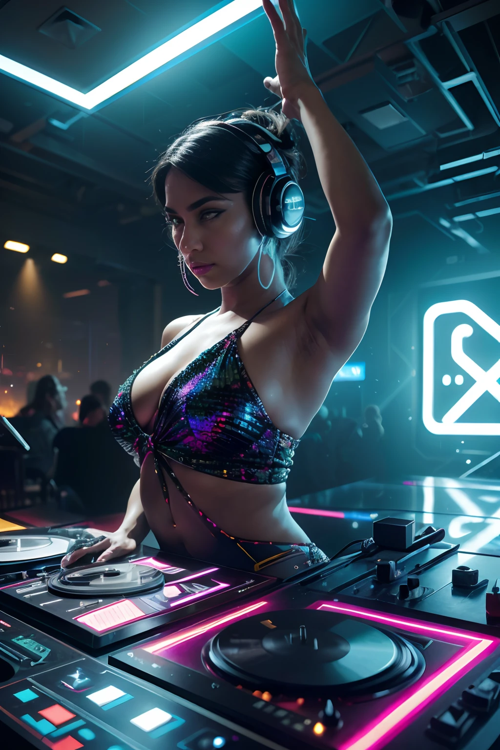 (best quality,4k,8k,highres,masterpiece:1.2),ultra-detailed,(realistic,photorealistic,photo-realistic:1.37),vibrant colors,electronic music background,full color,photo,poster,fashion,abstract design,modern style,dynamic energy,energetic atmosphere,striking visual effects,pulsating rhythm,creative visuals,stylish composition,glowing lights,futuristic elements,technological elements,synthesizer,turntables,CDJs,headphones,neon lights,glittering disco ball,dancing crowd,stylishly dressed models,eclectic fashion choices,colorful patterns,shimmering fabrics,sharp lines,mirror reflections,playful poses,dynamic movement,dynamic light and shadow,dazzling visual spectacle,artistic expression,electric ambiance,multimedia experience