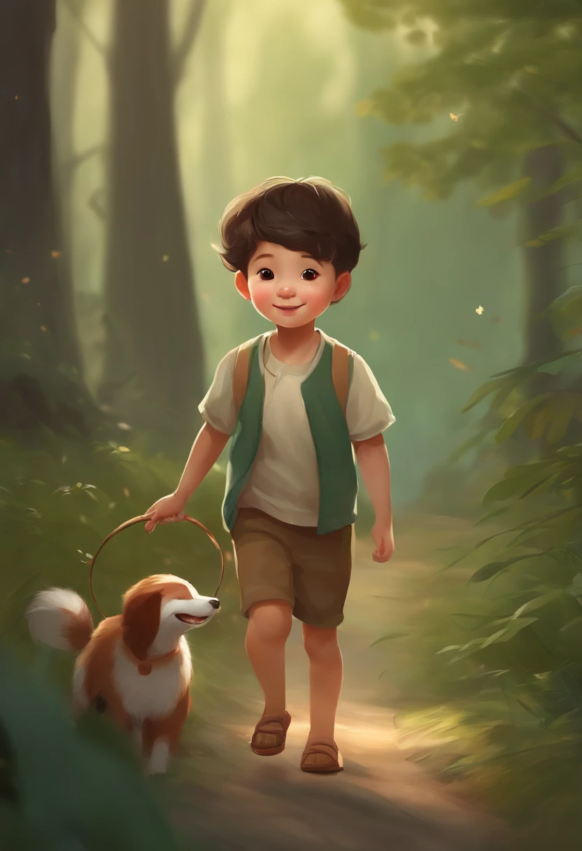 There's a young boy playing in the woods, adorable digital painting, exprimer sa joie. par Krenz Cushart, Art pour enfants dans ArtStation, Enfant heureux, Enjoy a walk in the forest, inspired by Goro Fujita, par Yeong-Hao Han, Jaeyeon Nam, inspired by Yeong-Hao Han, par Kim Eung-hwan
