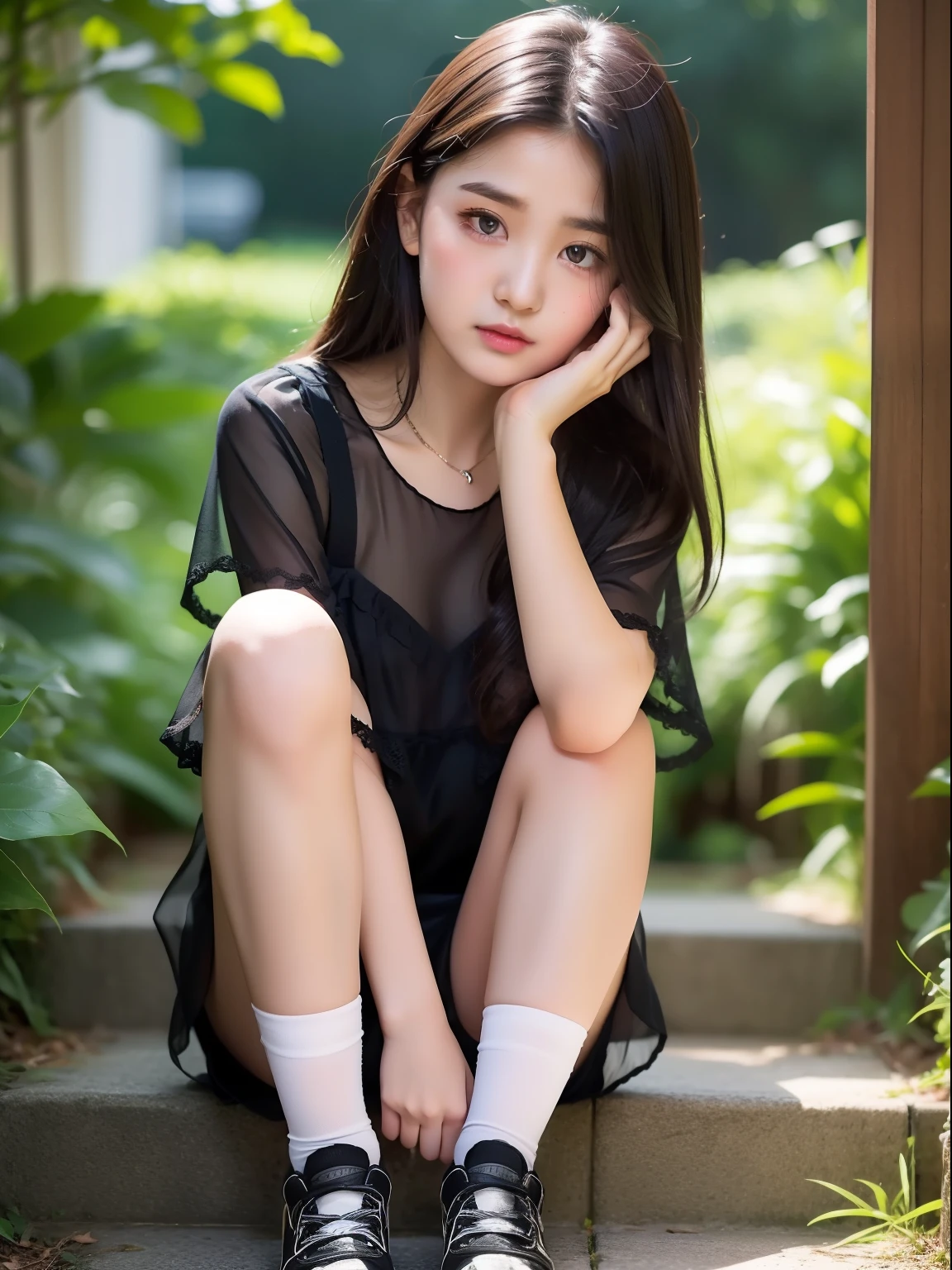 top-quality，Knees，Lowered eyebrows，A dark-haired，Black shorts，Black sheer short-sleeved blouse，(embarrassed from，red blush)，( girl)