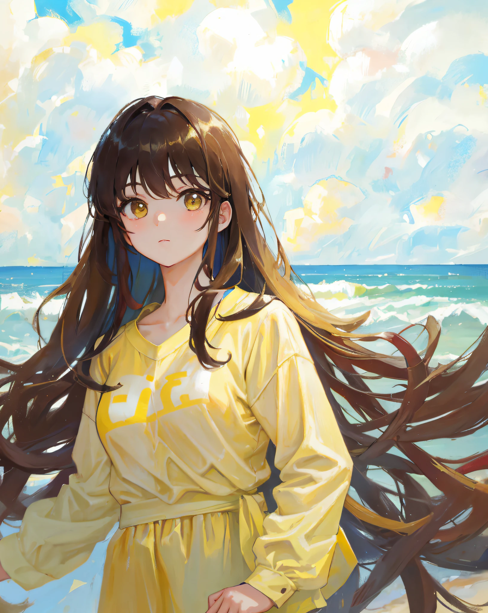 (Realistic painting style:1.0), Masterpiece, Best quality, absurderes, comic strip, illustration,
1 girl, Long hair, Cute girl, young and cute girl, Korean girls, {Breasts},
A girl standing on the beach in a yellow shirt, Light yellow shirt, Light yellow shirt,