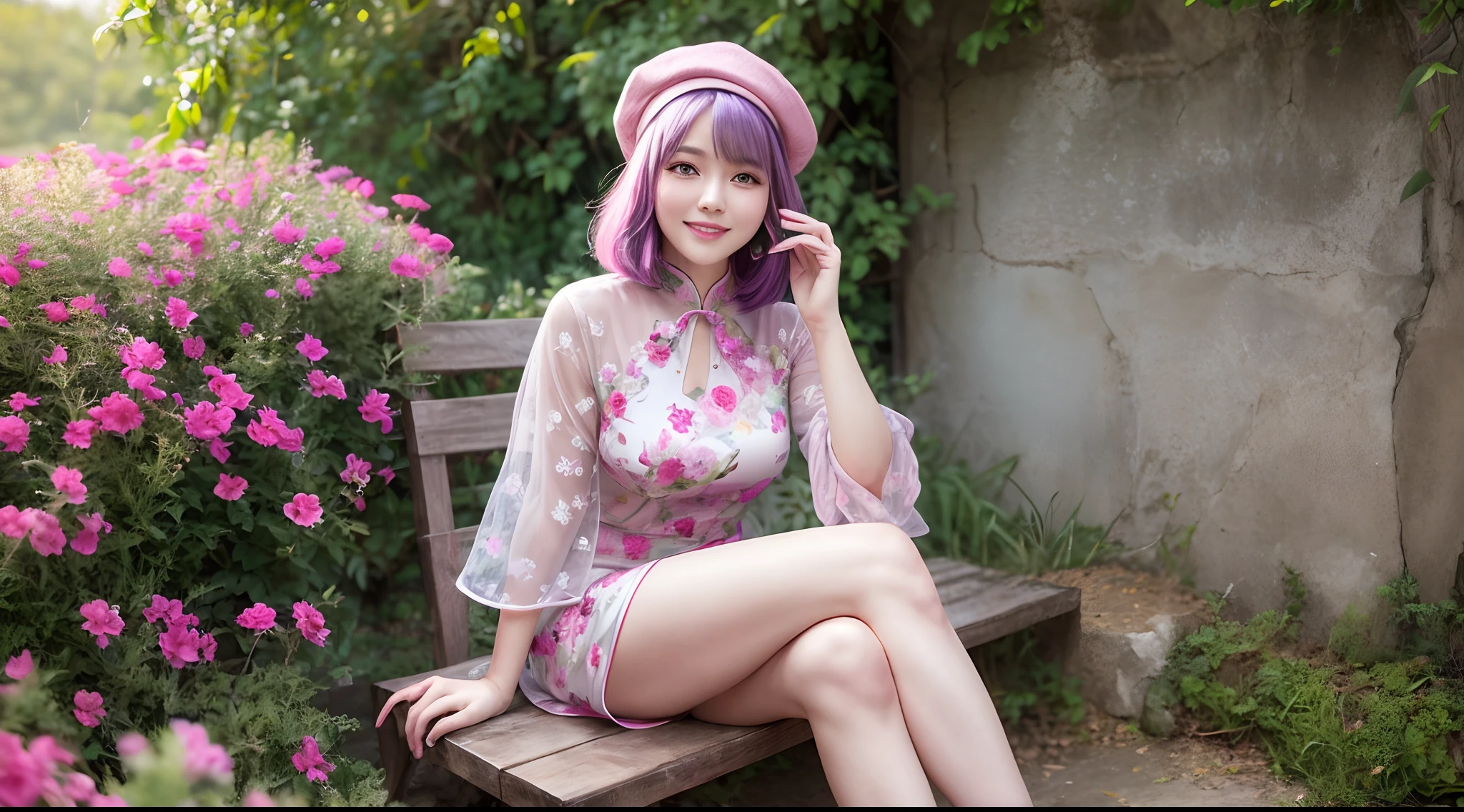 (Best quality,A high resolution),lavender hair,Pink berets,reaching out her hands,Red sunglasses,Sparkling eyes,Plump lips,Charming smile,Pink floral cheongsam,Detailed legs,shiny shoes,Lovely and lovely art style,Portrait background,pastelcolor,Warm and comfortable lighting