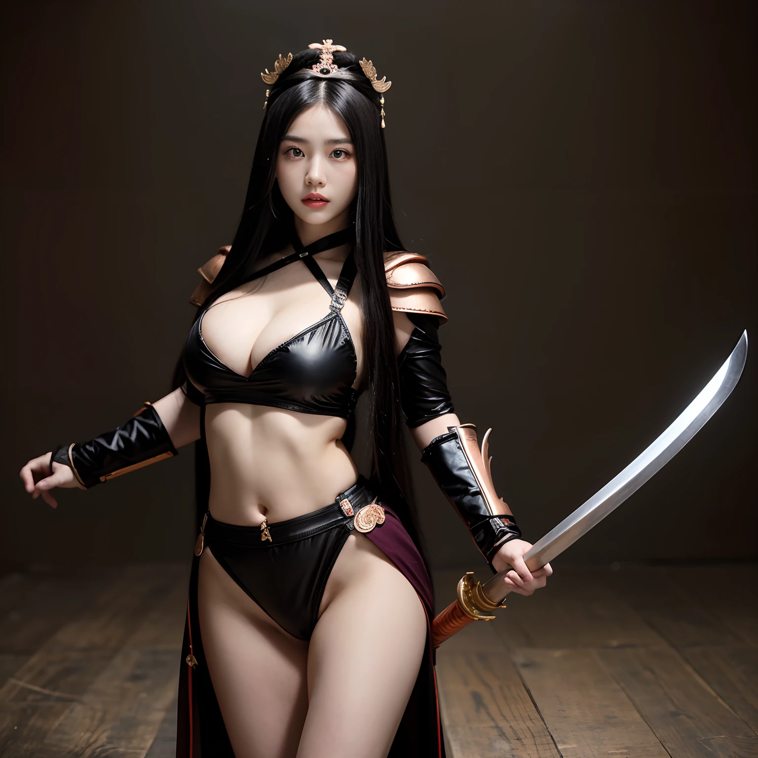 Sexy woman with long black hair,Chinese style woman,Wearing a naked,full bodyesbian,Pose from head to toe,Big breasts and big buttocks,Big breasts and fat buttocks,sword, swordsmen,Jianghu martial arts,Copper money armor