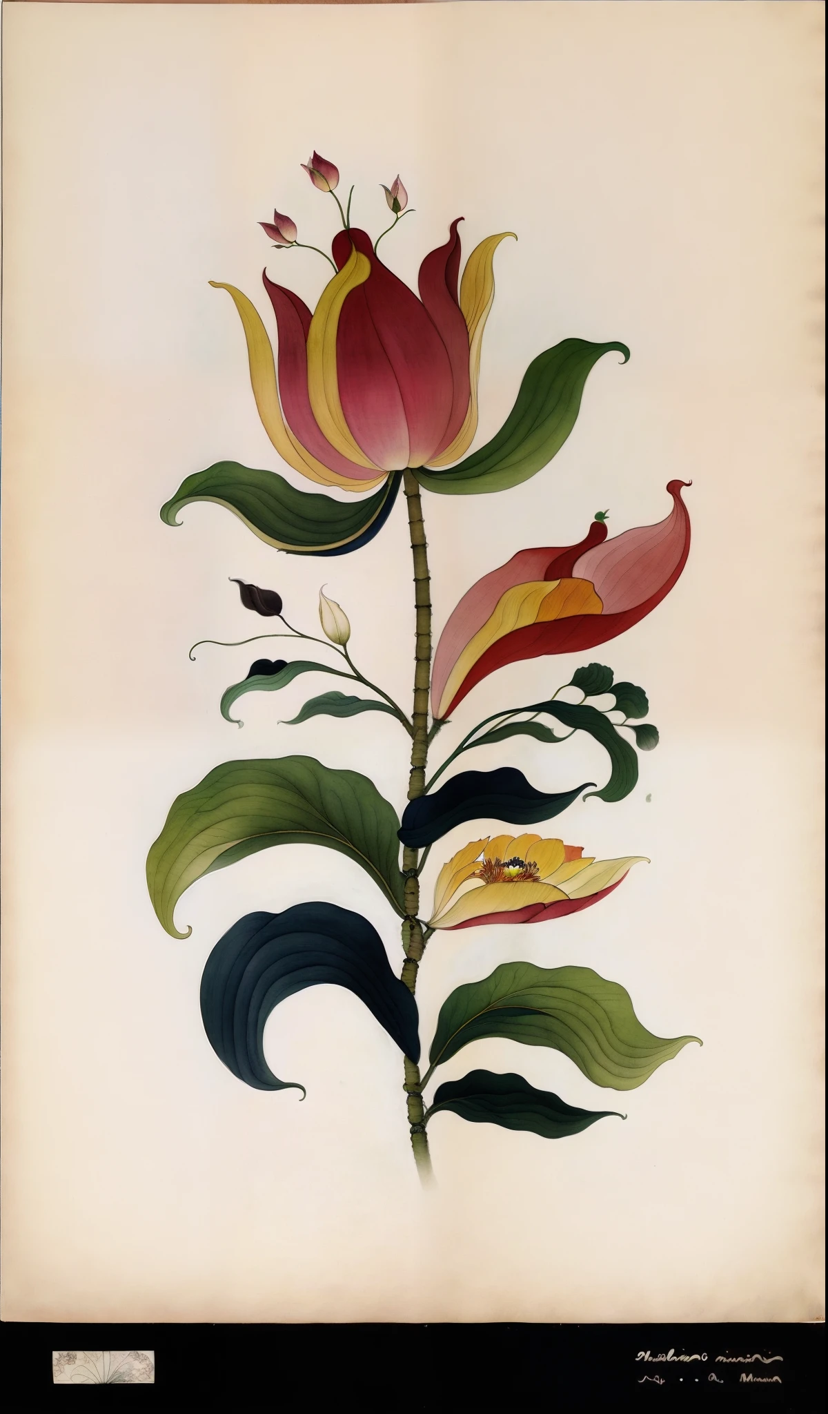 Pintura de uma flor rosa com folhas verdes em um fundo branco, Flores de Kalighat, inspirado por Maria Sibylla Merian, botanical art, colored pencil art on paper, Pintura tradicional, inspirado em Marianne North, Flores com detalhes intrincados, botanical art, with lotus flowers, inspirado em Maksimilijan Vanka, inspirado por Christoffer Wilhelm Eckersberg