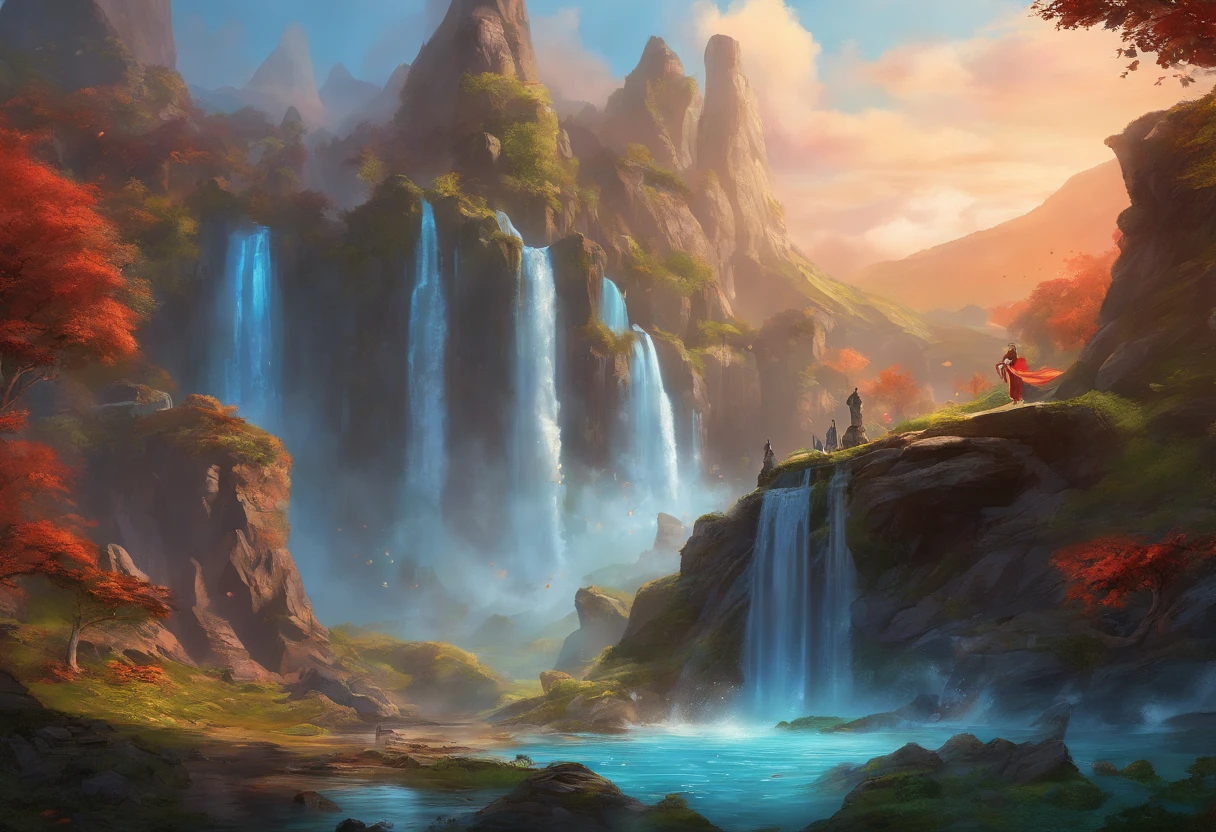 fantasy art, photorealistic, D&D art, a picture of a female monk sitting and meditating near a waterfall, at the base of the waterfall,  there is a human woman monk wearing monk garbs, meditating near a bonfire near an (epic sized waterfall: 1.3), red hair, long hair, full body (best details, Masterpiece, best quality :1.5), ultra detailed face (best details, Masterpiece, best quality :1.5), ultra feminine (best details, Masterpiece, best quality :1.5), exquisite beautiful (best details, Masterpiece, best quality :1.5) red hair, long hair, wavy hair, pale skin, blue eyes, intense eyes, water coming down from a volcanic cliff, multi level water falls, several pools created in different levels, forming new waterfalls, water cascading into a (large lava pool: 1.3) steam rising, clear water in many hues of blue and azure falling, ultra best realistic, best details, best quality, 16k, [ultra detailed], masterpiece, best quality, (extremely detailed), ultra wide shot, photorealism, depth of field, hyper realistic painting, magv1ll