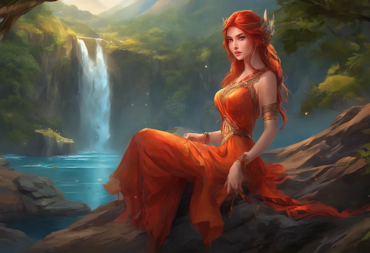 fantasy art, photorealistic, D&D art, a picture of a female monk sitting and meditating near a waterfall, at the base of the waterfall,  there is a human woman monk wearing monk garbs, meditating near a bonfire near an (epic sized waterfall: 1.3), red hair, long hair, full body (best details, Masterpiece, best quality :1.5), ultra detailed face (best details, Masterpiece, best quality :1.5), ultra feminine (best details, Masterpiece, best quality :1.5), exquisite beautiful (best details, Masterpiece, best quality :1.5) red hair, long hair, wavy hair, pale skin, blue eyes, intense eyes, water coming down from a volcanic cliff, multi level water falls, several pools created in different levels, forming new waterfalls, water cascading into a (large lava pool: 1.3) steam rising, clear water in many hues of blue and azure falling, ultra best realistic, best details, best quality, 16k, [ultra detailed], masterpiece, best quality, (extremely detailed), ultra wide shot, photorealism, depth of field, hyper realistic painting, magv1ll
