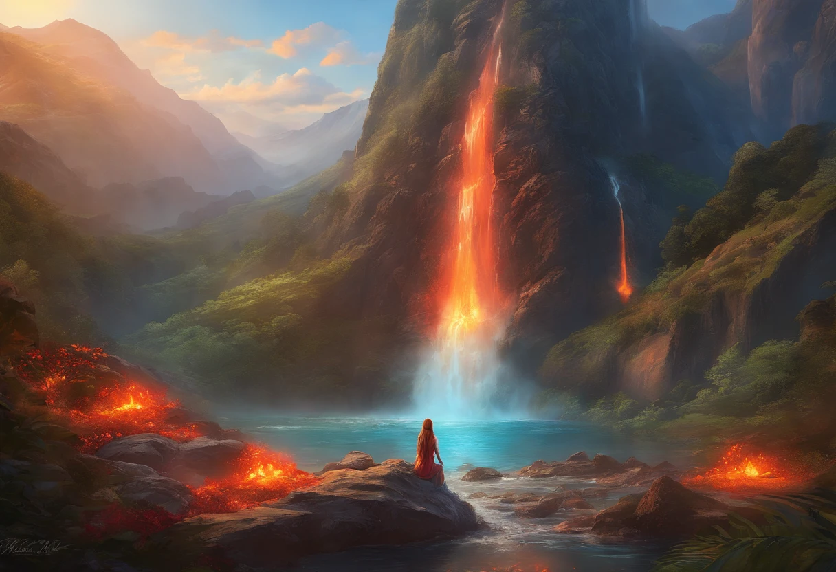 fantasy art, photorealistic, D&D art, a picture of a female monk sitting and meditating near a waterfall, at the base of the waterfall,  there is a human woman monk wearing monk garbs, meditating near a bonfire near an (epic sized waterfall: 1.3), red hair, long hair, full body (best details, Masterpiece, best quality :1.5), ultra detailed face (best details, Masterpiece, best quality :1.5), ultra feminine (best details, Masterpiece, best quality :1.5), exquisite beautiful (best details, Masterpiece, best quality :1.5) red hair, long hair, wavy hair, pale skin, blue eyes, intense eyes, water coming down from a volcanic cliff, multi level water falls, several pools created in different levels, forming new waterfalls, water cascading into a (large lava pool: 1.3) steam rising, clear water in many hues of blue and azure falling, ultra best realistic, best details, best quality, 16k, [ultra detailed], masterpiece, best quality, (extremely detailed), ultra wide shot, photorealism, depth of field, hyper realistic painting, magv1ll
