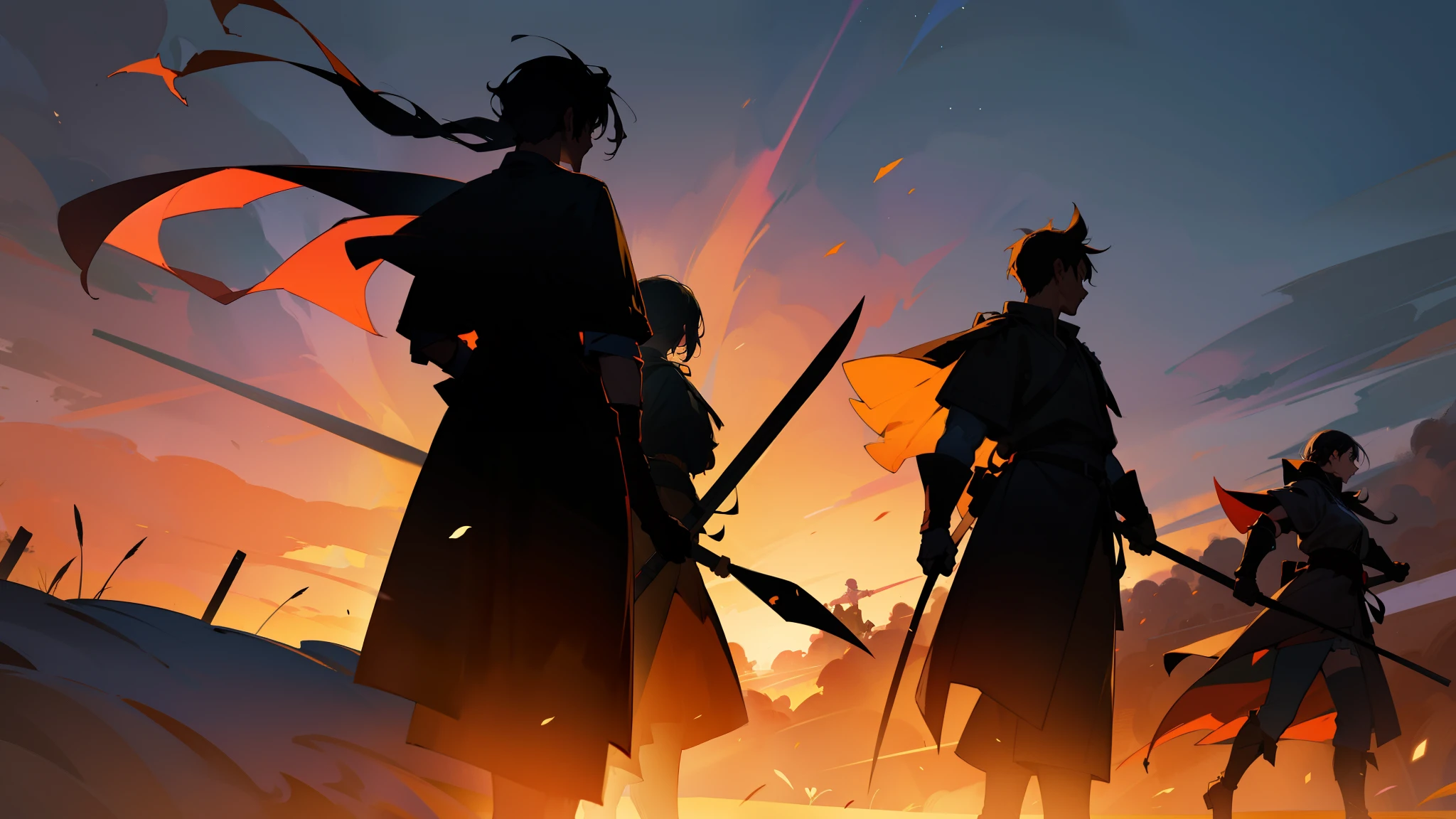 silhouette of 3 warriors walking at night