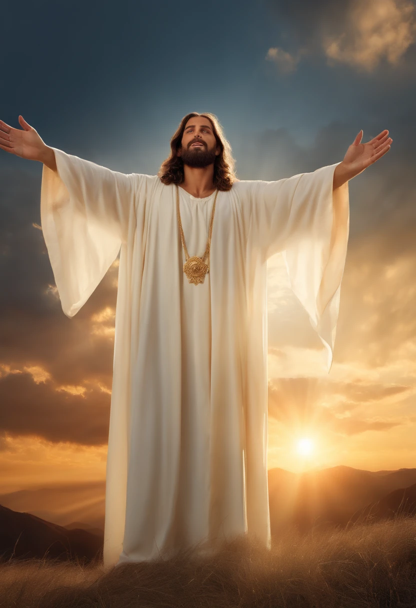 Jesus Christ with arms raised, looking at the sky, divine aura from within the clouds, A trail to heaven, (best quality,4k,8k,High,masterpiece:1.2),ultra-detailed,(realistic,photorealistic,photo -realistic:1.37), Portraits, Golden tones, ethereal lighting, peaceful atmosphere, radiant colors, detailed facial features, peaceful expression, flowing cloak, celestial glow, Magnificent landscapes.