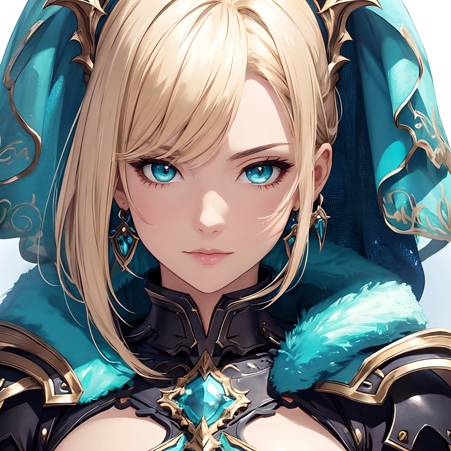 masterpiece, best quality, 1woman adult, older milf, female focus, solo, blonde hair, vibrant aqua eyes, medium hair with fringe, looking at viewer, cape, High quality metal texture, semi metal armor, closed mouth, upper body, bangs, high collar,(kbxll:0.6), Fantasy aesthetics, fantasy earring, Highly detailed, shadowverse character concept, shadowverse style
