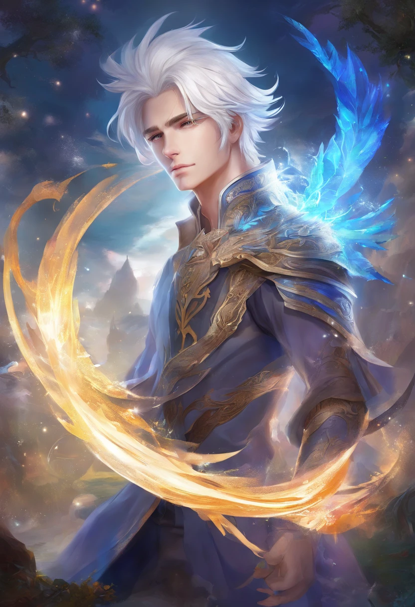 a male anime character with white hair and blue eyes, character album cover, full art, antasy character, full art illustration, full portrait of elementalist, character profile art, official character art, official character illustration, merlin, high detailed official artwork, game key art, omoide emanon, oz, mobile game art, among us character