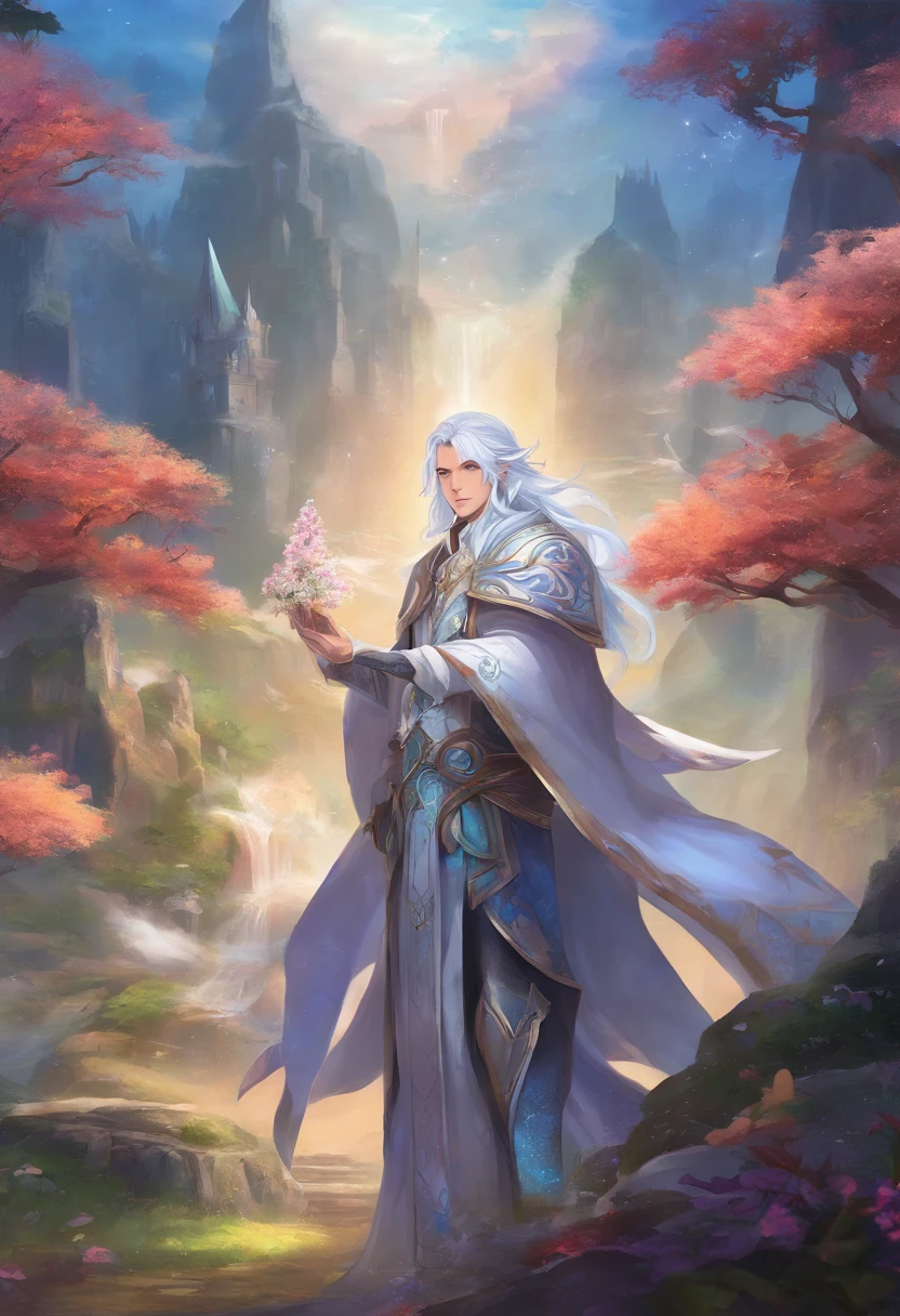 a male anime character with white hair and blue eyes, character album cover, full art, antasy character, full art illustration, full portrait of elementalist, character profile art, official character art, official character illustration, merlin, high detailed official artwork, game key art, omoide emanon, oz, mobile game art, among us character