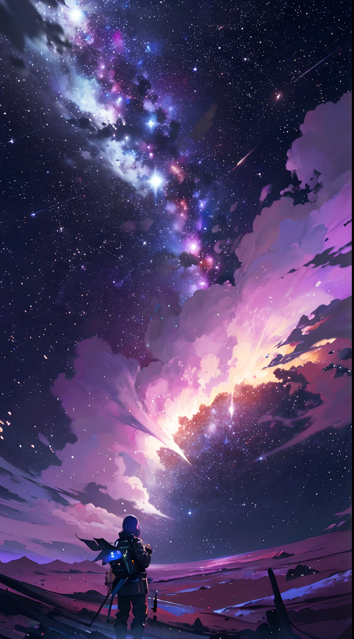 {{obra maestra}}, mejor calidad, fondo de pantalla CG unidad 8k extremadamente detallado, cinematography lighting, destello de lente,detalle, purpura, particulas, stars, galaxy, nebulosas moradas, landscape, hermoso, gamma morados
