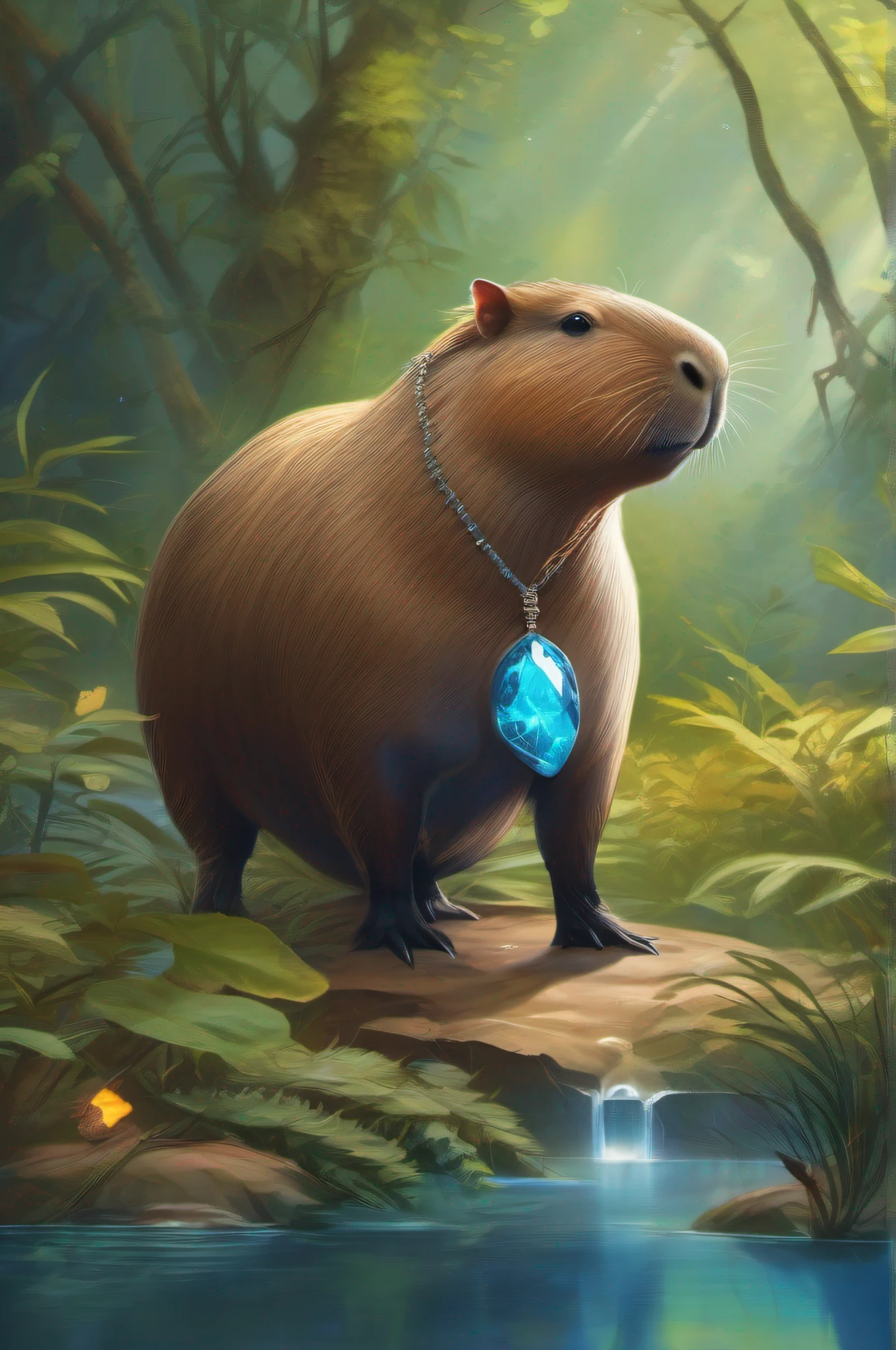 Capybara walking among the thickets and finds on his neck a cord with a magical blue stone