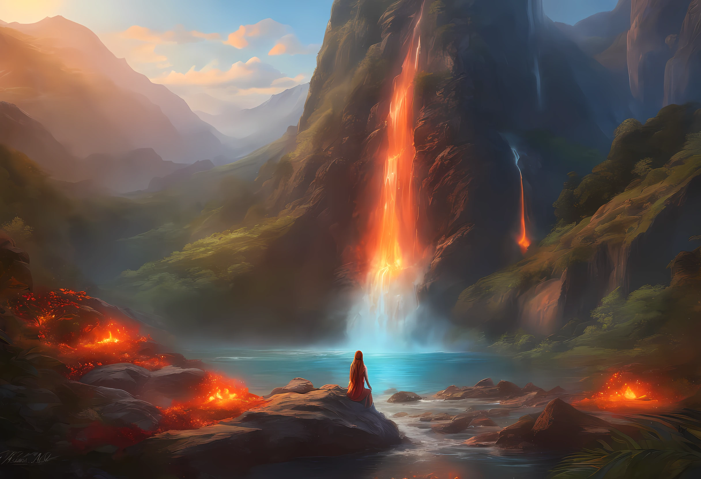 fantasy art, photorealistic, D&D art, a picture of a female monk sitting and meditating near a waterfall, at the base of the waterfall,  there is a human woman monk wearing monk garbs, meditating near a bonfire near an (epic sized waterfall: 1.3), red hair, long hair, full body (best details, Masterpiece, best quality :1.5), ultra detailed face (best details, Masterpiece, best quality :1.5), ultra feminine (best details, Masterpiece, best quality :1.5), exquisite beautiful (best details, Masterpiece, best quality :1.5) red hair, long hair, wavy hair, pale skin, blue eyes, intense eyes, water coming down from a volcanic cliff, multi level water falls, several pools created in different levels, forming new waterfalls, water cascading into a (large lava pool: 1.3) steam rising, clear water in many hues of blue and azure falling, ultra best realistic, best details, best quality, 16k, [ultra detailed], masterpiece, best quality, (extremely detailed), ultra wide shot, photorealism, depth of field, hyper realistic painting, magv1ll