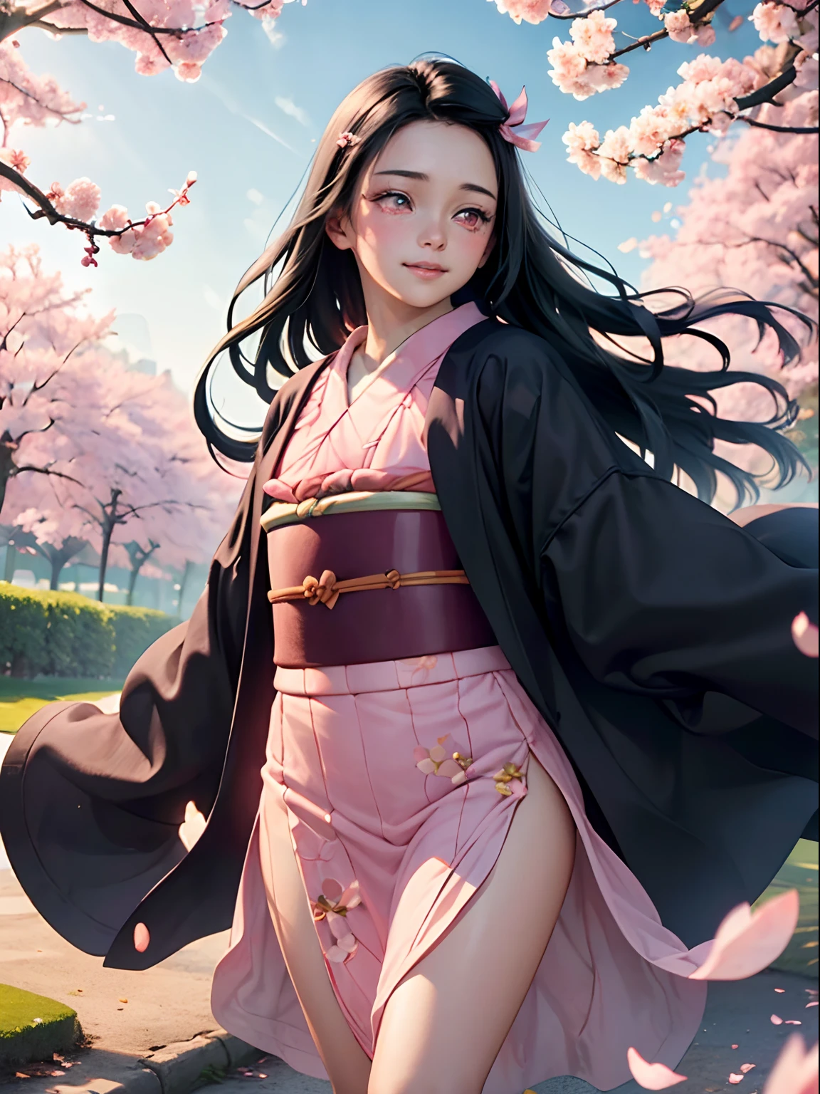 (best quality,4k,highres,masterpiece:1.2),ultra-detailed,realistic,studio lighting,colorful,soft pastel tones,Nezuko Kamada,beautiful detailed eyes,long black hair,delicate features,lovely smile,dressed in a kimono,standing in a peaceful garden surrounded by cherry blossom trees,light breeze gently blowing her hair,cheerful expression,with a cute bamboo mouth guard,crimson red eyes,small fangs peeking out,pinky-pale skin,pastel pink blush on her cheeks,natural pose with one hand on her hip and the other holding a bunch of cherry blossoms,purple floral hairpins adorned with ribbons,gentle sunlight filtering through the leaves,creating soft shadows on the ground,sparkling dewdrops on the petals of the cherry blossoms,creating a dreamy atmosphere.