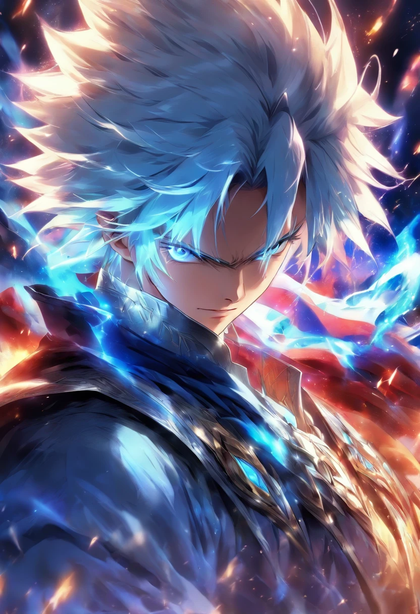 a male anime character with white hair and blue eyes, character album cover, full art, antasy character, full art illustration, full portrait of elementalist, character profile art, official character art, official character illustration, merlin, high detailed official artwork, game key art, omoide emanon, oz, mobile game art, among us character