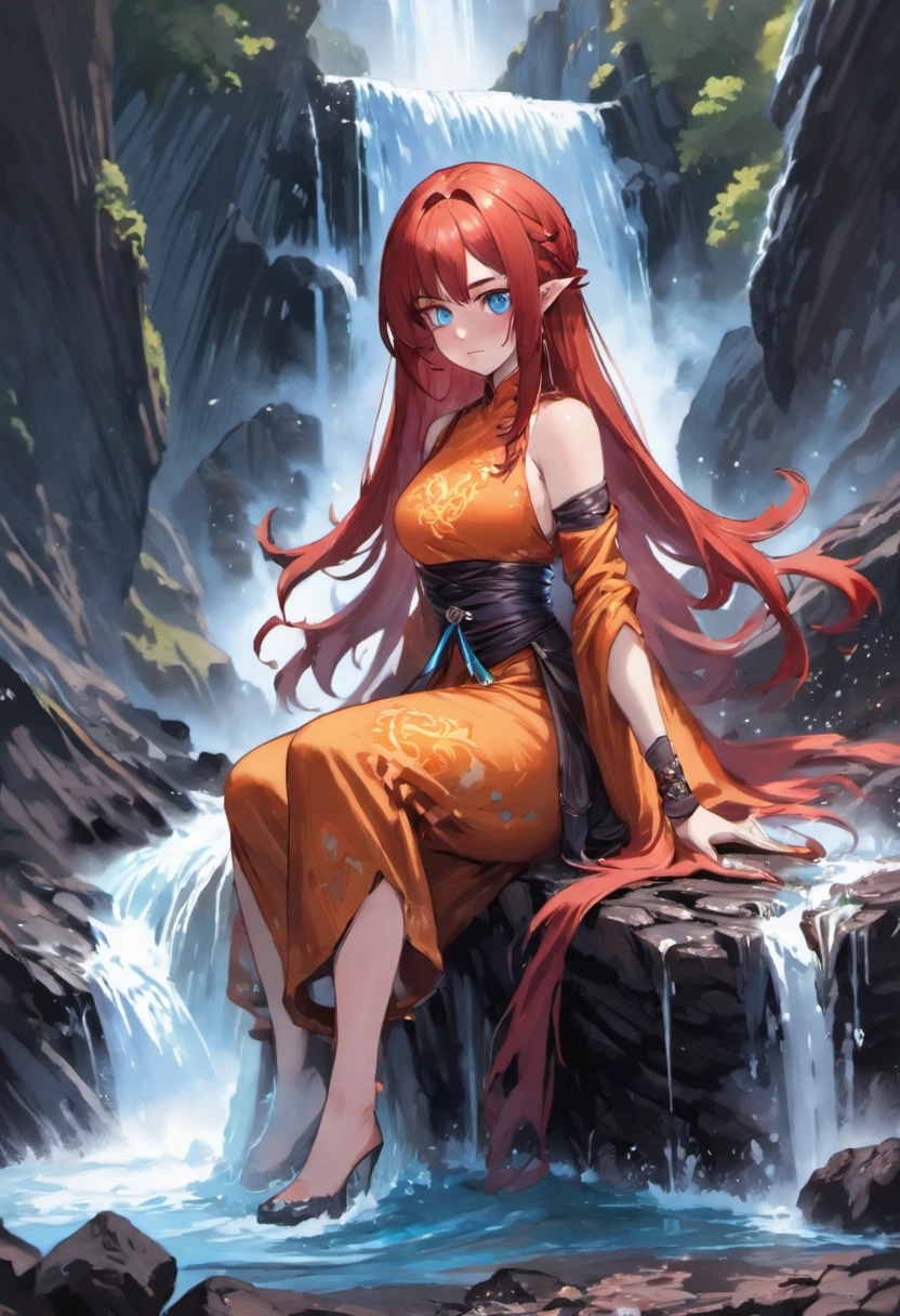 fantasy art, photorealistic, D&D art, a picture of a female monk sitting and meditating near a waterfall, at the base of the waterfall,  there is a human woman monk wearing monk garbs, meditating near a bonfire near an (epic sized waterfall: 1.3), red hair, long hair, full body (best details, Masterpiece, best quality :1.5), ultra detailed face (best details, Masterpiece, best quality :1.5), ultra feminine (best details, Masterpiece, best quality :1.5), exquisite beautiful (best details, Masterpiece, best quality :1.5) red hair, long hair, wavy hair, pale skin, blue eyes, intense eyes, water coming down from a volcanic cliff, multi level water falls, several pools created in different levels, forming new waterfalls, water cascading into a (large lava pool: 1.3) steam rising, clear water in many hues of blue and azure falling, ultra best realistic, best details, best quality, 16k, [ultra detailed], masterpiece, best quality, (extremely detailed), ultra wide shot, photorealism, depth of field, hyper realistic painting, magv1ll