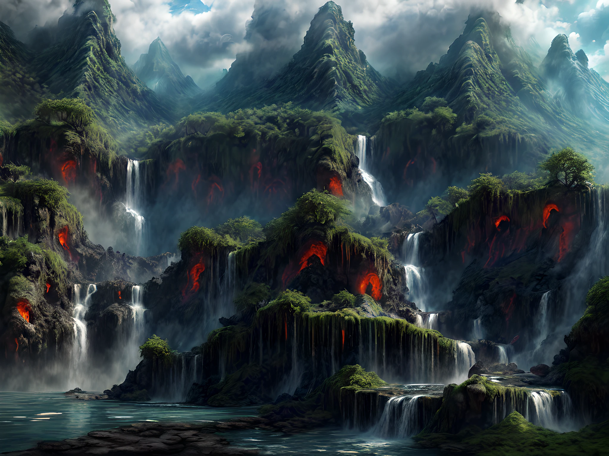 fantasy art, photorealistic, D&D art, a picture of a female monk sitting and meditating near a waterfall, at the base of the waterfall,  there is a human woman monk wearing monk garbs, meditating near a bonfire near an (epic sized waterfall: 1.3), red hair, long hair, full body (best details, Masterpiece, best quality :1.5), ultra detailed face (best details, Masterpiece, best quality :1.5), ultra feminine (best details, Masterpiece, best quality :1.5), exquisite beautiful (best details, Masterpiece, best quality :1.5) red hair, long hair, wavy hair, pale skin, blue eyes, intense eyes, water coming down from a volcanic cliff, multi level water falls, several pools created in different levels, forming new waterfalls, water cascading into a (large lava pool: 1.3) steam rising, clear water in many hues of blue and azure falling, ultra best realistic, best details, best quality, 16k, [ultra detailed], masterpiece, best quality, (extremely detailed), ultra wide shot, photorealism, depth of field, hyper realistic painting, tanjoreai