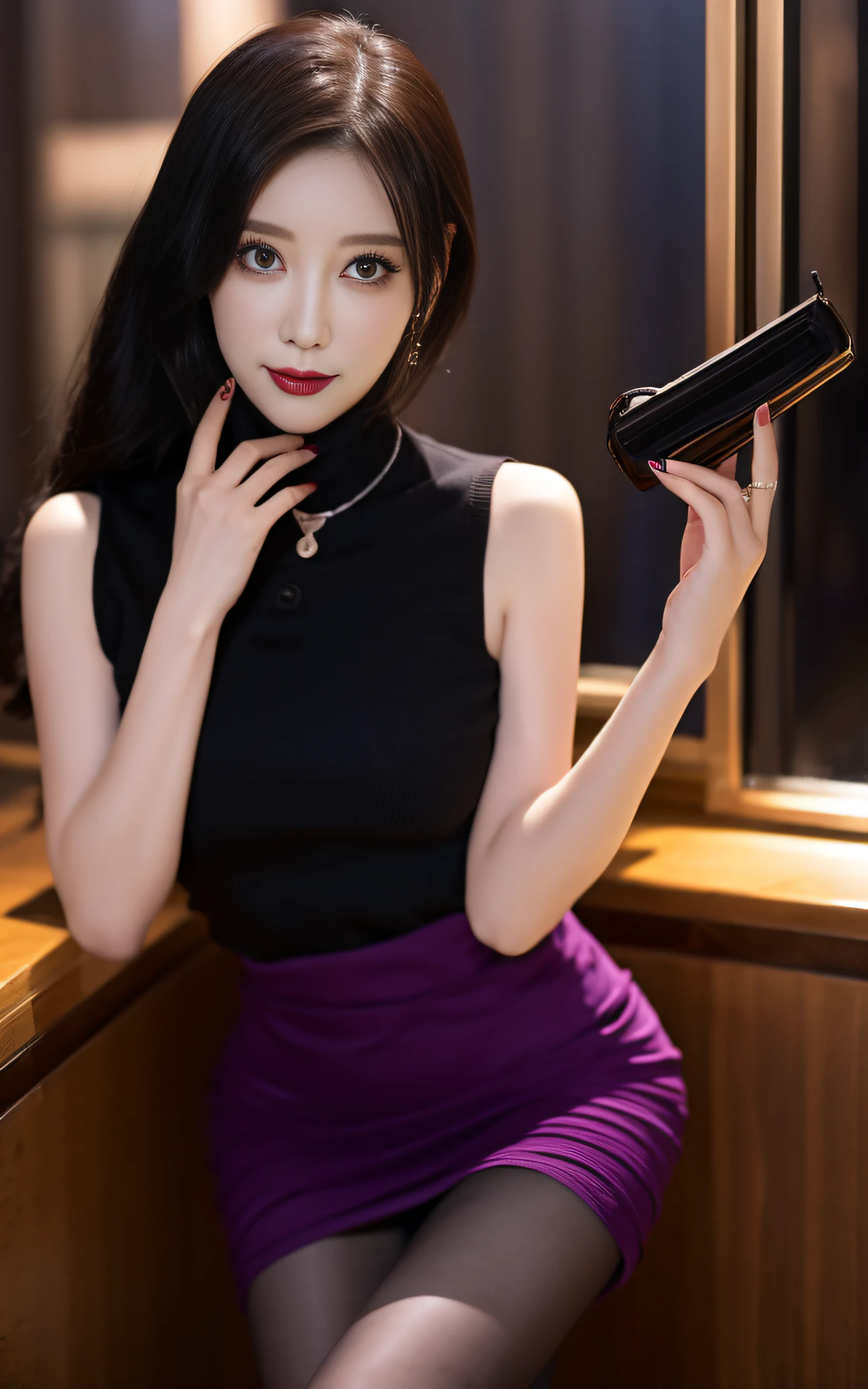 Charming Japanese style beauty、Brown hair、Evil Female Executive、Night city、Move ki、The Darkness、seductiv、Brainwashed、Retrofit equipment、Evil Fall、wicked、darkness、Purple Eyeshadow、black pantyhose、Black pleated skirt、Dark